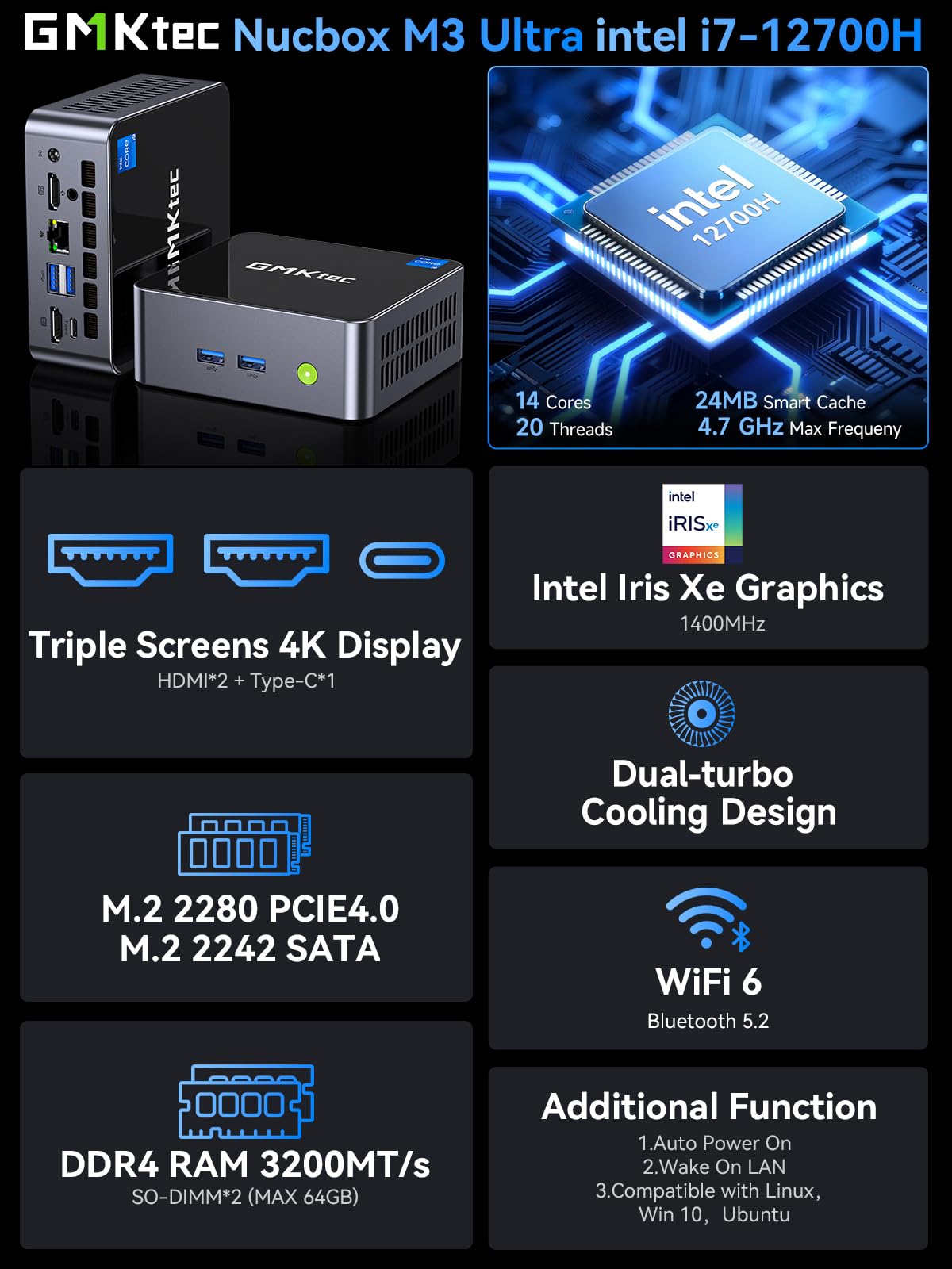 Amazon.com: GMKtec M3 Ultra Mini PC with Intel Core i7 12700H (14C