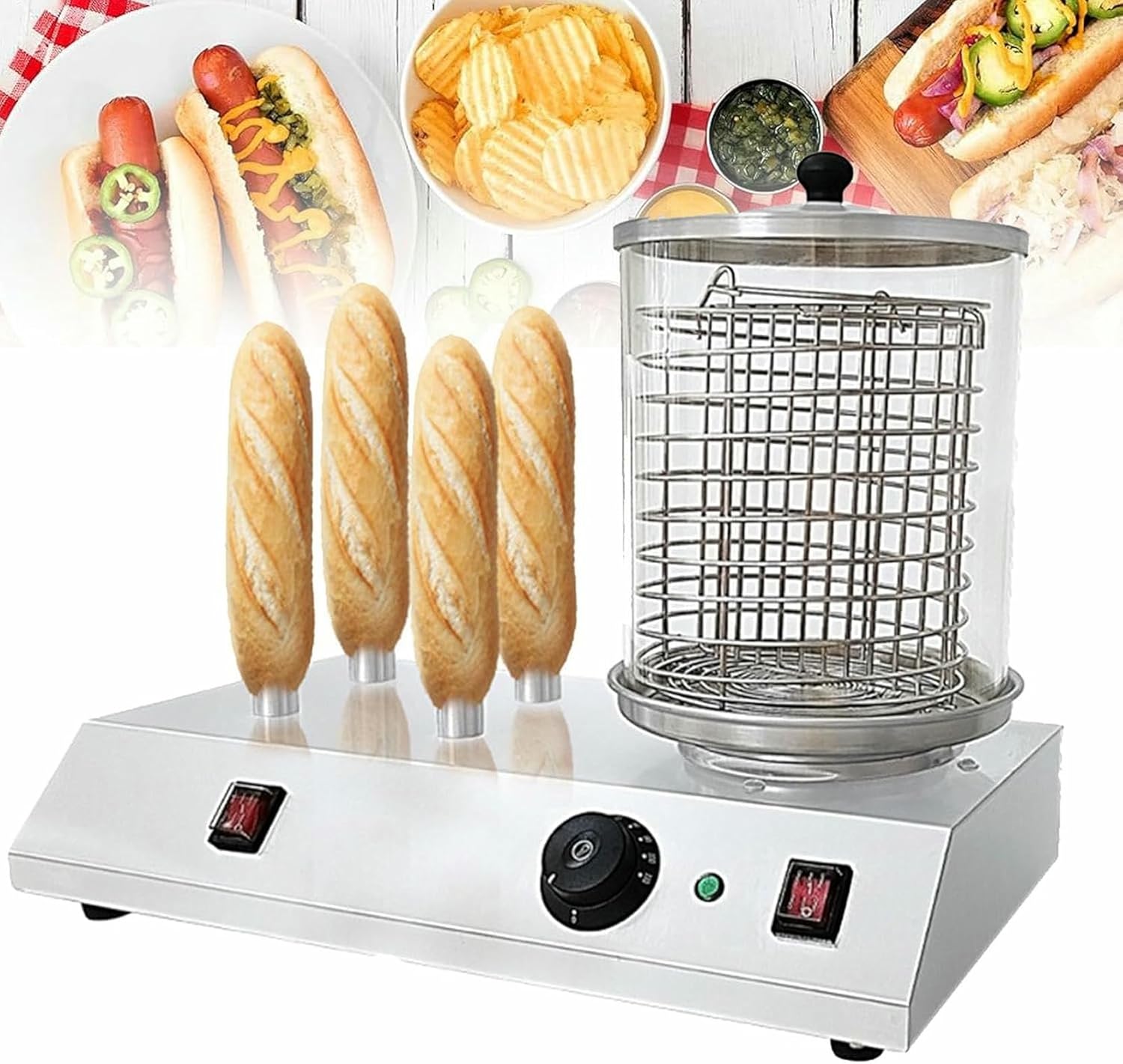 Commercial Hot Dog Machines,458W Stainless Steel Electric Hot Dog Maker, Bun Warmer Machine, for Sausage Bread Warming