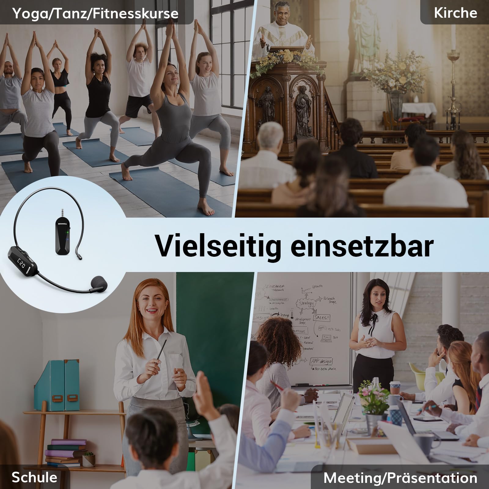 TONOR Wireless Mikrofon Headset, UHF Wiederaufladbares Drahtloses Mikrofon, 20 Kanäle mit 20m Kabelloser Übertragung, Für Fitness, Unterricht, Führungen, Sprachverstärker