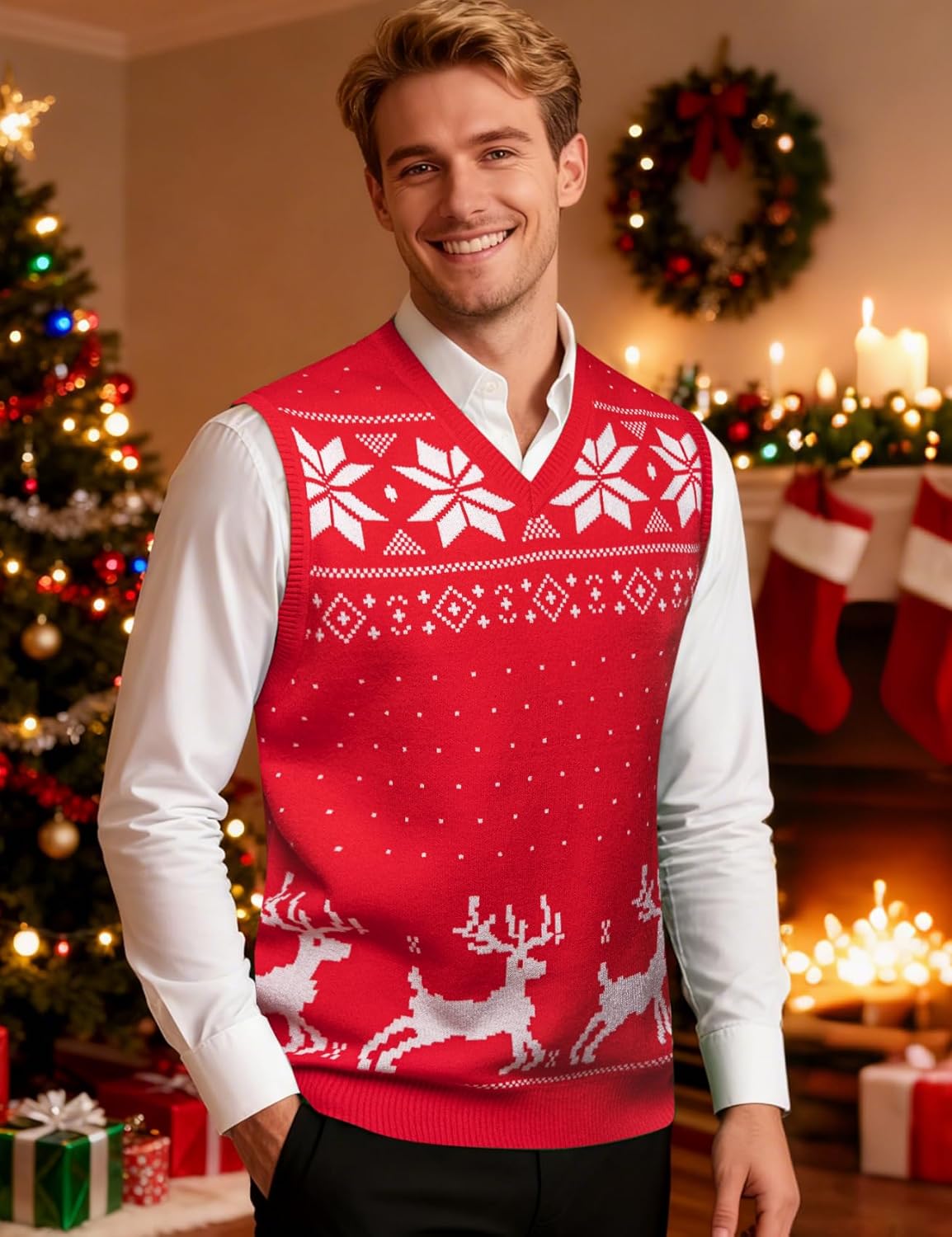 Barry.Wang Mens Christmas Sweater Vest Red/Green Ugly Xmas Reindeer Snowflake Sleeveless Knitted Pullover Holiday Party - Image 4