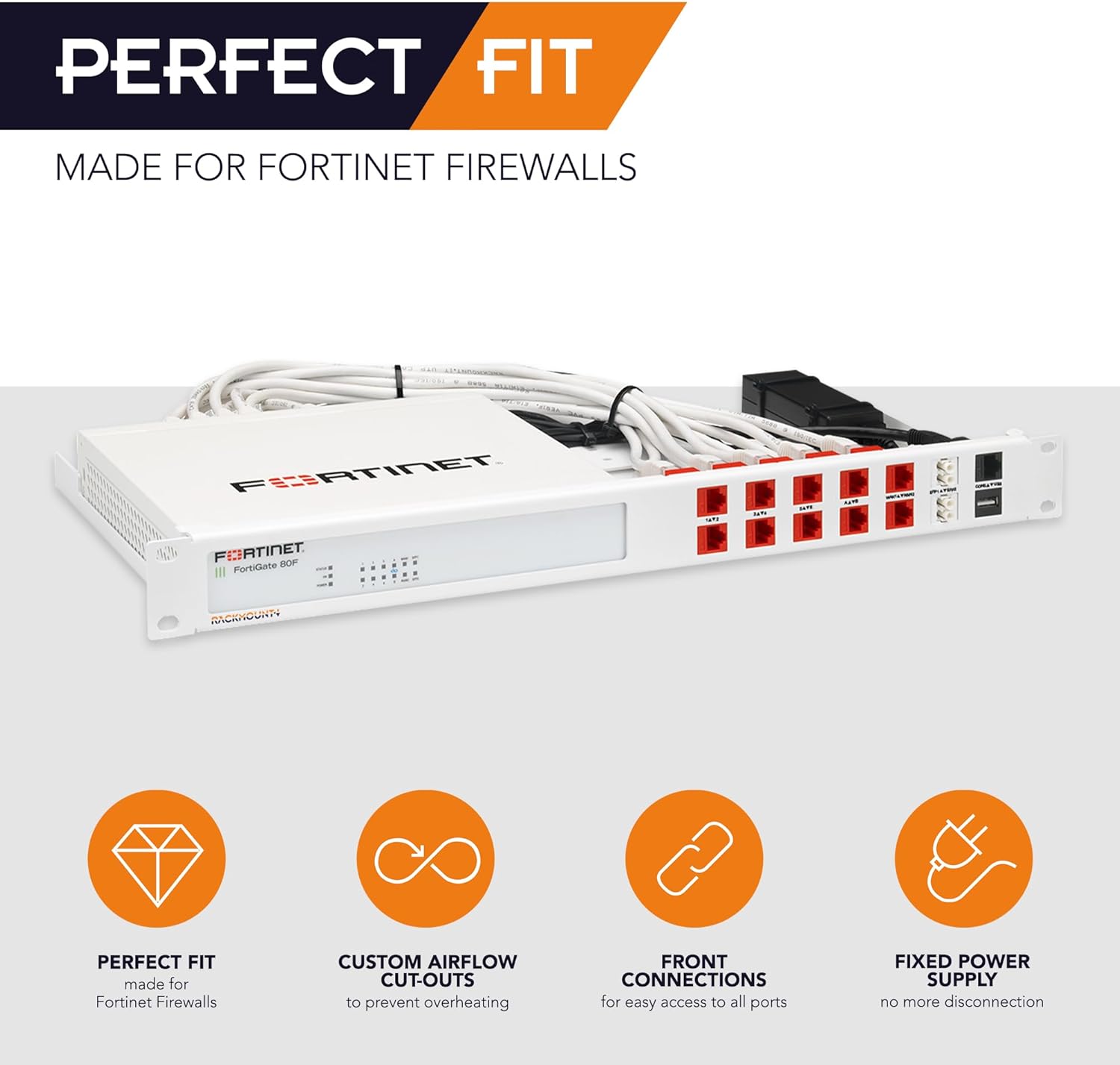 Rackmount.IT Rack Mount Kit for Fortinet FortiGate 80F / 81F / 80F-Bypass – 1U 19” Rackmount – Front-Facing Ports (RM-FR-T15)