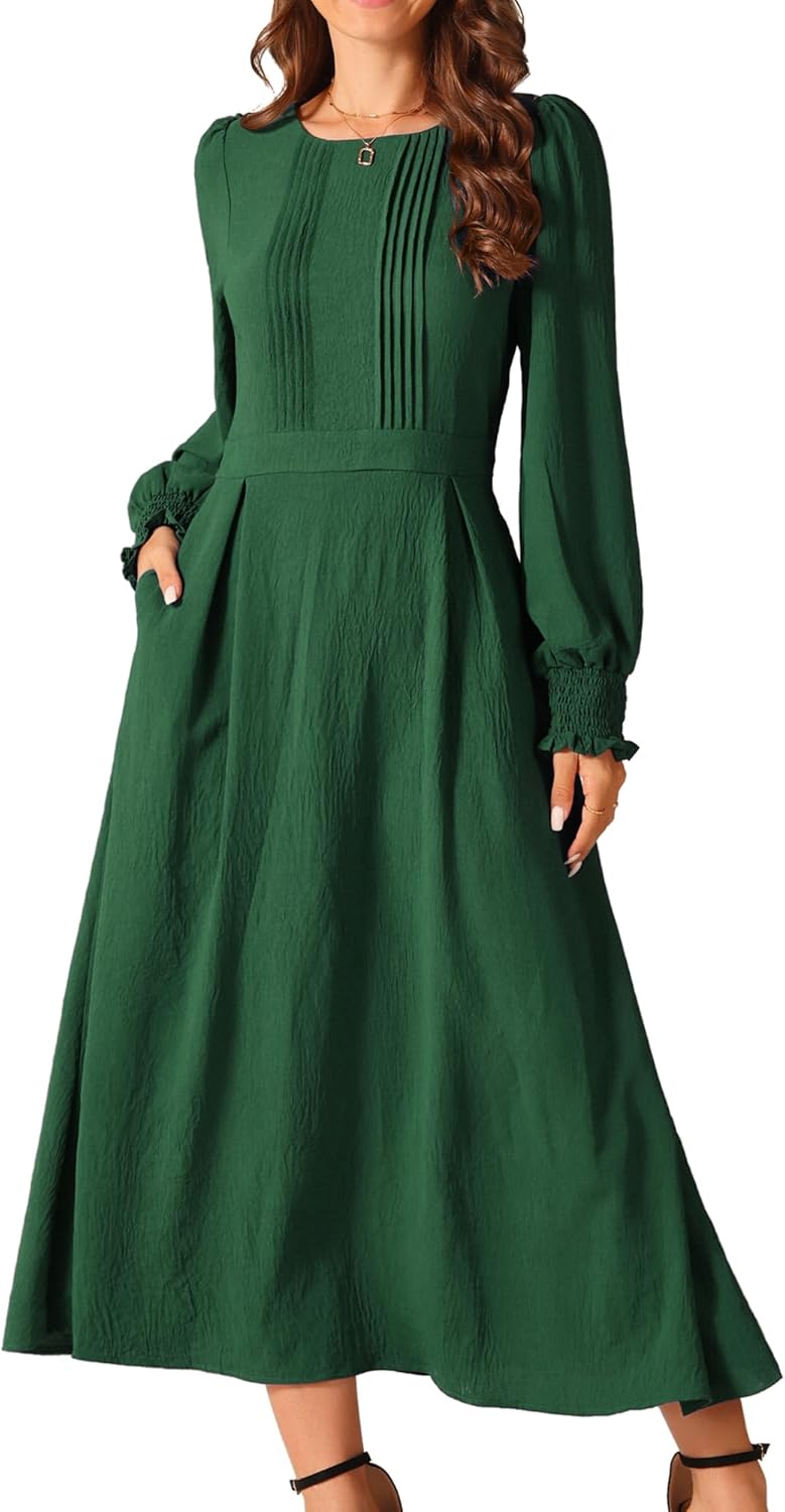 Seta T Women's Elegant Frilled Crewneck Midi Dress Long Sleeve Pleated A-Line Flowy Casual Dresses with Pockets, Medium