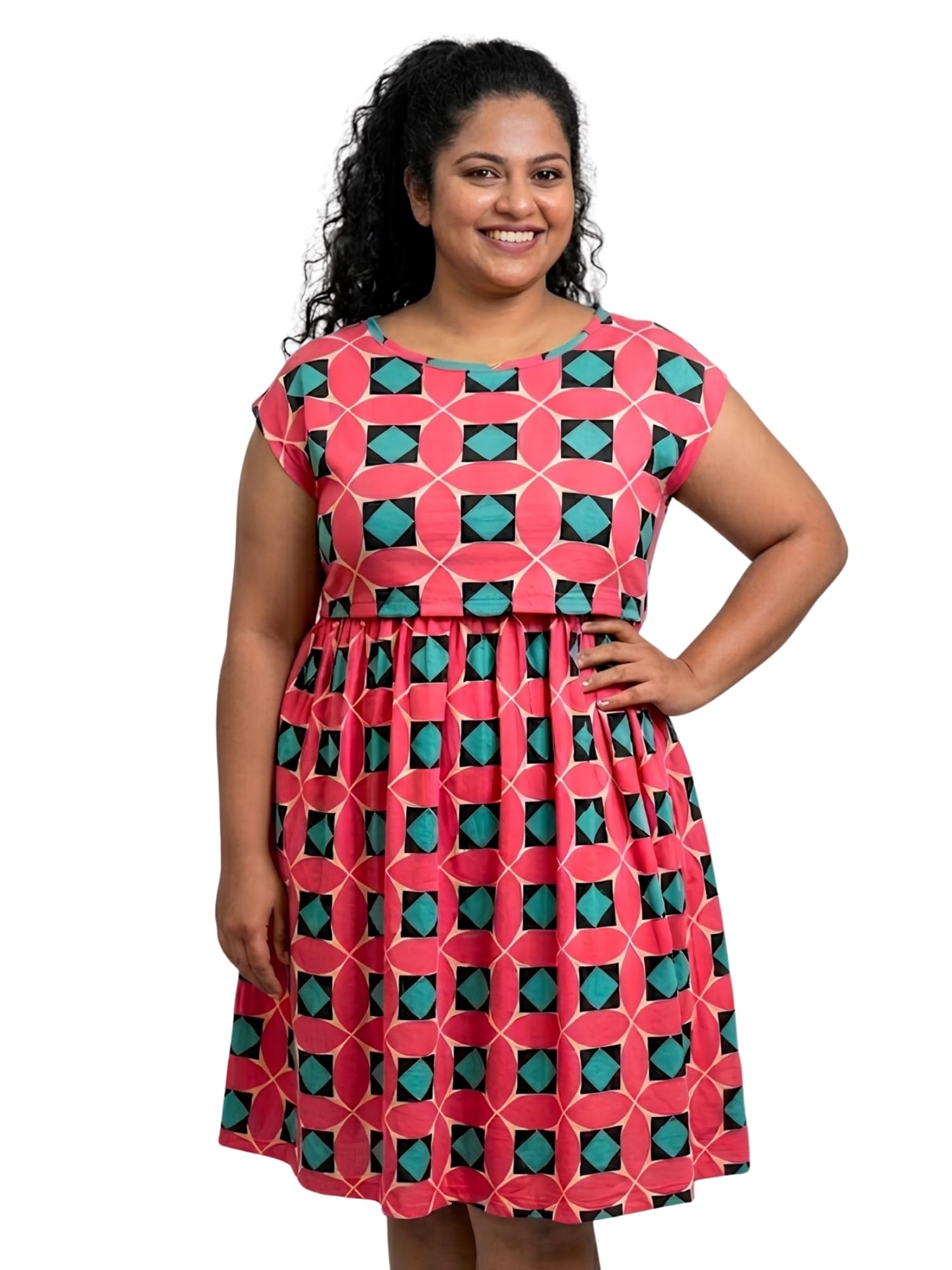 Zipless Printed Cotton Stretch Maternity Nursing Dress-image-46