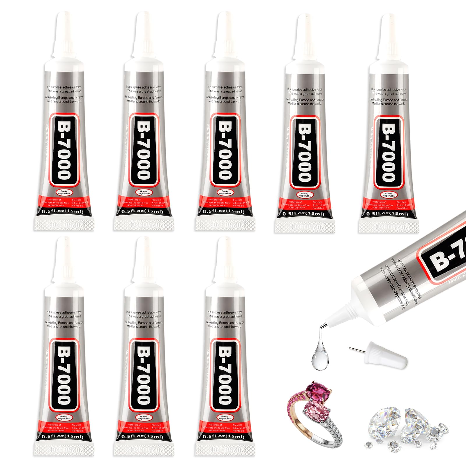 8 Pcs 15ml B7000 Glue Clear with Precision Tip,Multi-Purpose Glue,Fast Repair and Quick Drying, for Rhinestones Crafts Phone Jewelry Fabric Leather Wood Glass Meta
