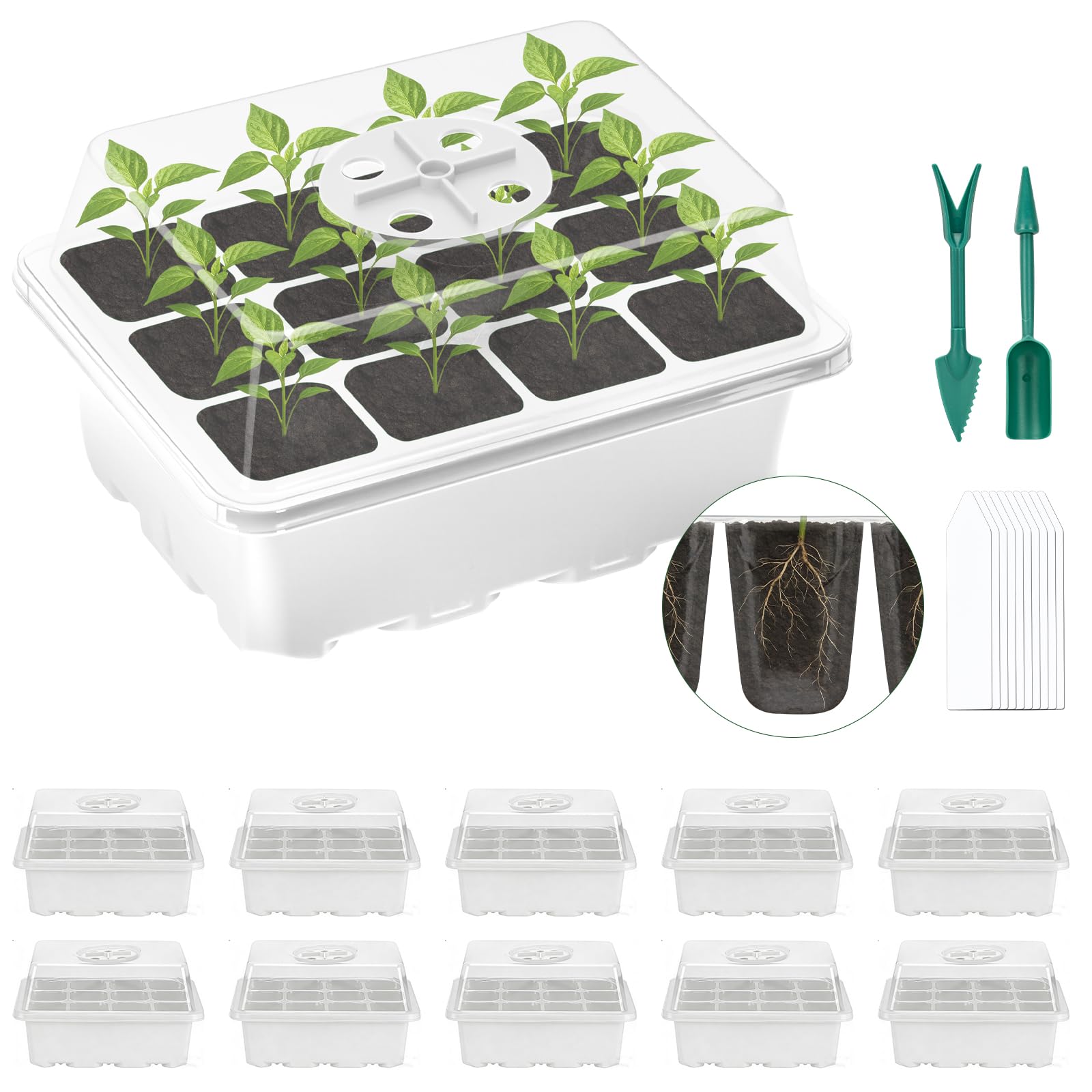 Lychee Seed Trays, 10 Pack 120 Cells Propagator Growing Thicken Seedling Starter Growing Trays with Lidded/Rotatable vent design for Greenhouse & Gardens (White,10Piece)