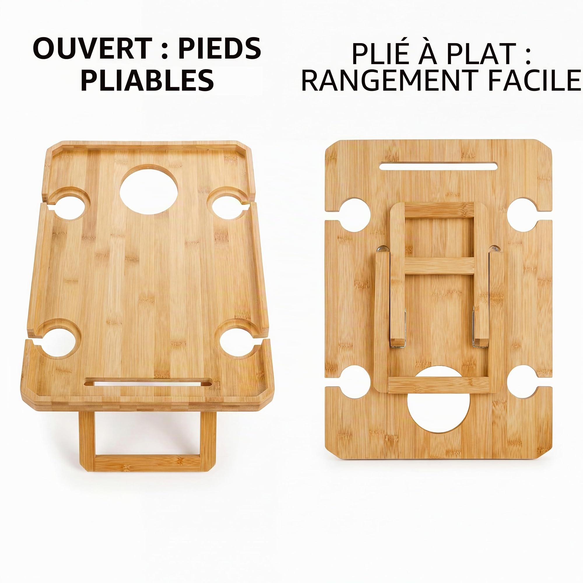 Kingrol Table de Pique-Nique en Bambou avec Bouteille de vin, Verre et Porte-Couteau à Fromage – Parc, Camping, Plage, en-Cas extérieur et Plateau à Fromage, Cadeau pour Amateurs de vin, Pliable et
