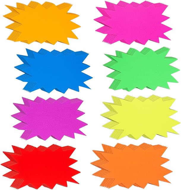 96 Pieces Neon Paper Starburst Sale Signs Starburst Classroom Name Tags Star Burst Poster Board Star Shape Paper Party Food Labels Fluorescent Neon Sign Tags Assorted Colors Blank Retail Store Sign