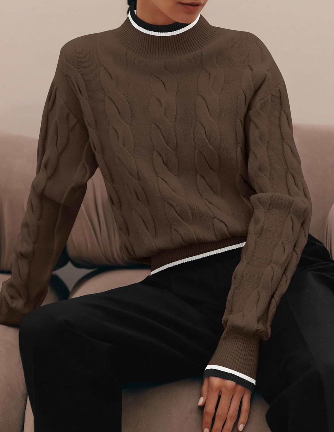 ZESICA Women's Casual Long Sleeve Mock Neck Cable Knit Contrast Color Fall 2026 Winter Chunky Pullover Sweater - Image 6