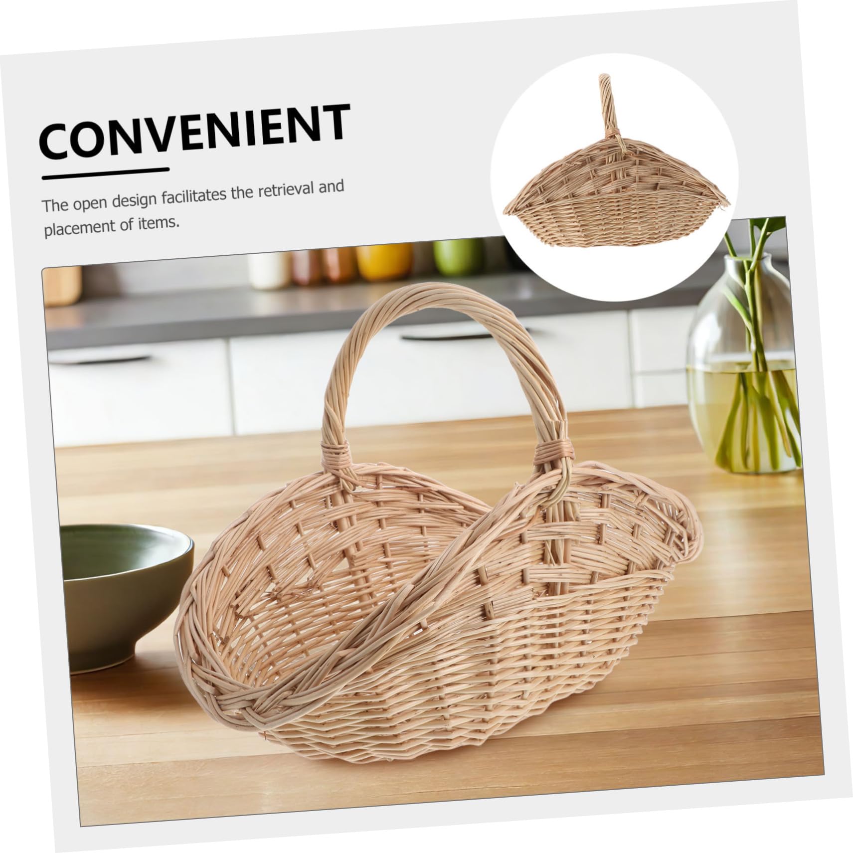 Gatuida Cesta de Mimbre Tejida Mano para Almacenamiento Multifuncional con Asa Portátil para Frutas Verduras Huevos y Picnics Exteriores