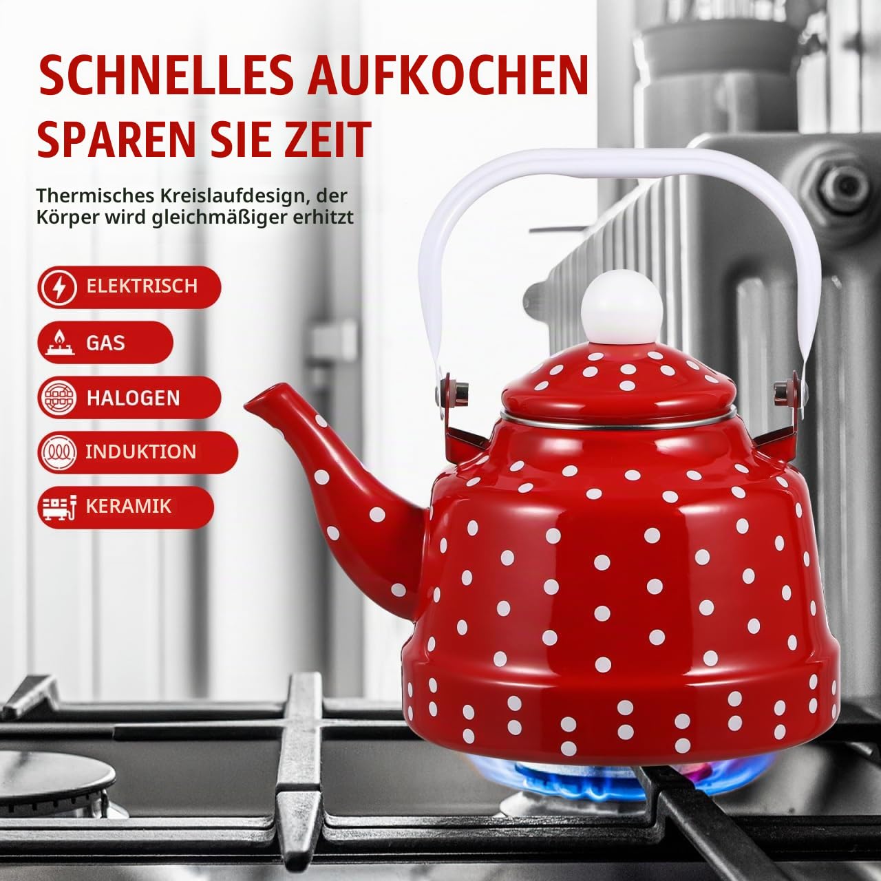 Cabilock Retro Emaille Teekanne 1,7L mit Teesieb, Vintage Teekessel Rot mit Weißen Punkten, Induktionsgeeignet, Emaillierter Wasserkessel für Herd, Camping & Landhaus-Küche