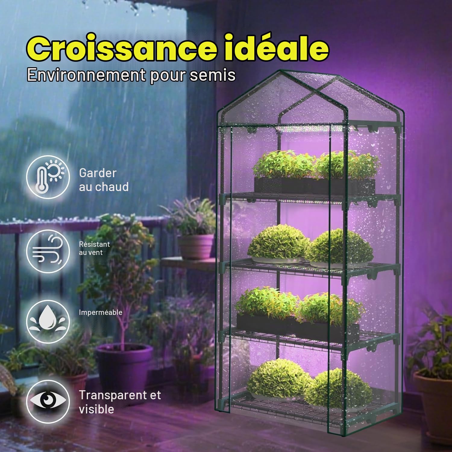 Serre d'intérieur à 4 niveaux avec lampes de croissance à DEL, 68,5 x 48 x 157,5 cm, mini serre, housse en PVC, variateur d'intensité, système de contrôle de minuterie 28 W pour le démarrage des