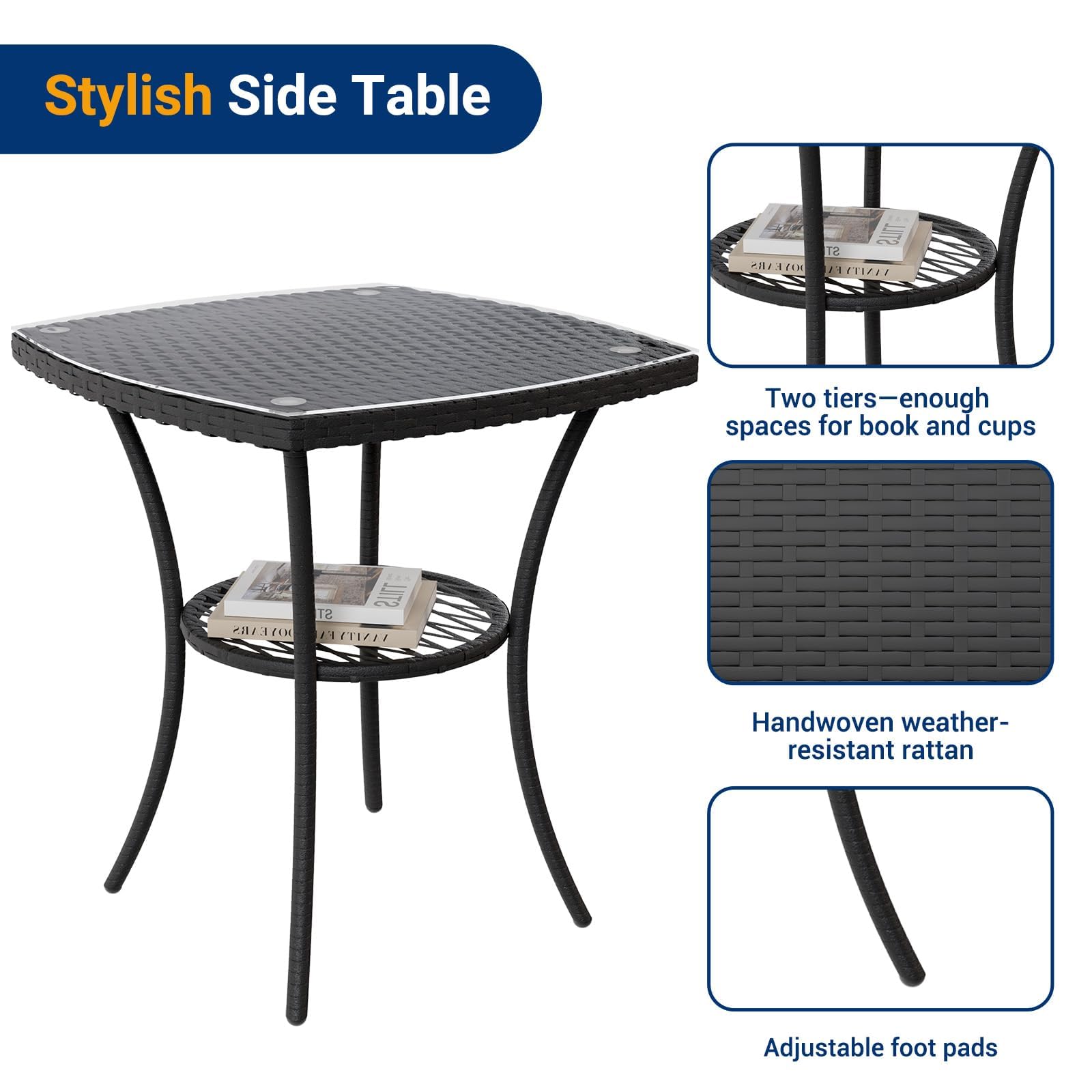 UDPATIO Salotto da Giardino in Rattan, Set Mobili da Giardino 3 Poltrone e Tavolino, Struttura Metallica, Vetro Temperato, Nero