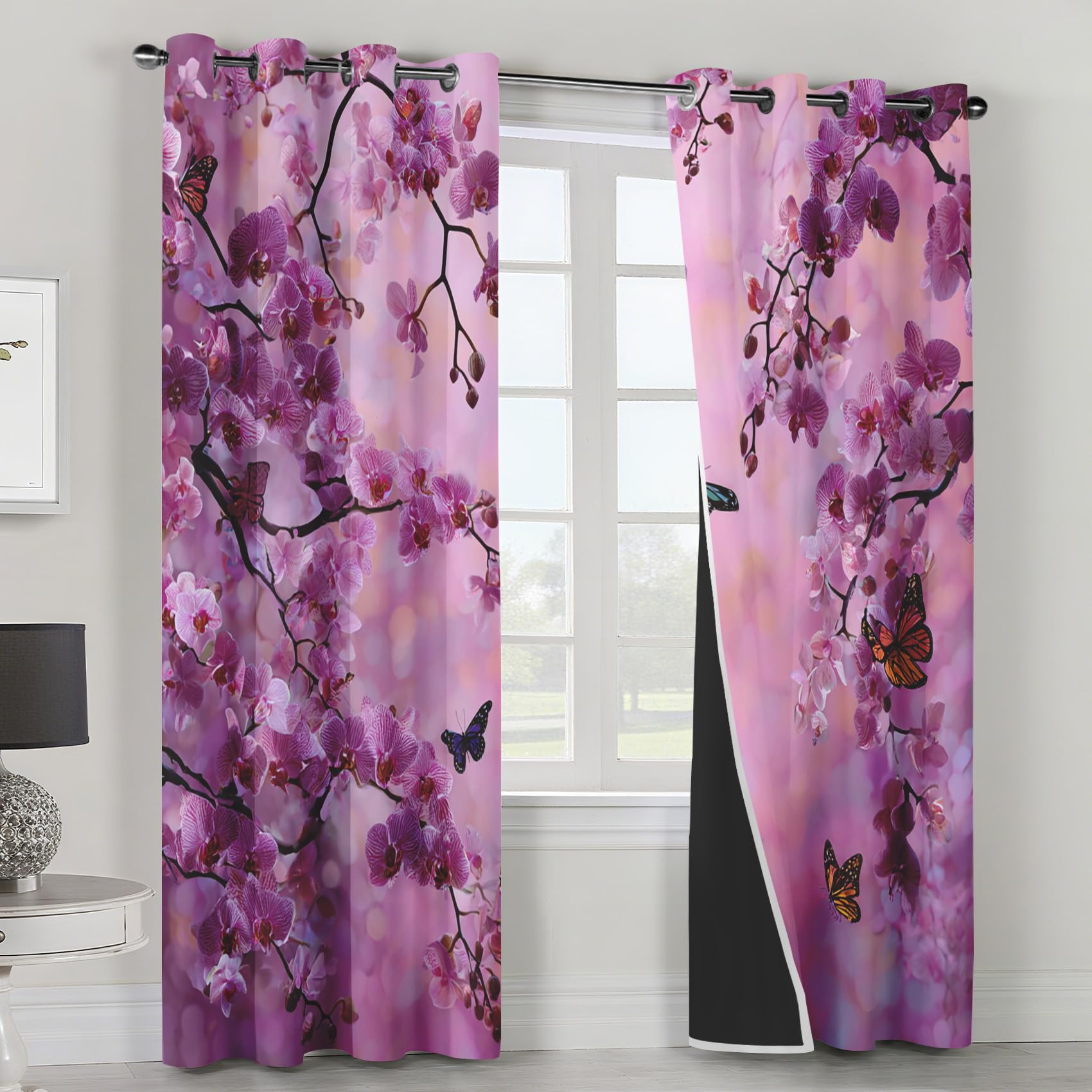 Générique Rideau Occultant Orchidée Violet Salon, Rideaux Thermiques à Oeillets, Papillon Floral Moderne Decoration Chambre Fenetre, Lot de 2 Draperies Intérieurs 110x215 cm (L x H) L-C&45