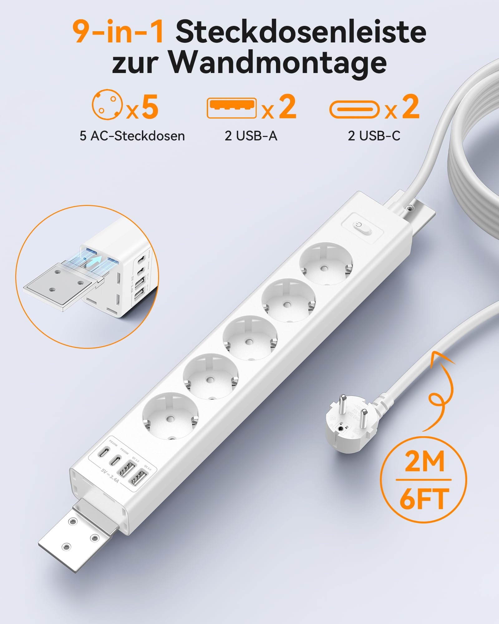 Regleta para Montaje bajo Mesa con protección contra sobretensiones, Enchufe múltiple conmutable Individualmente, 5 enchufes con 2 USB A y 2 Type-C (PD 20 W), Cable de 2 m (Blanco)