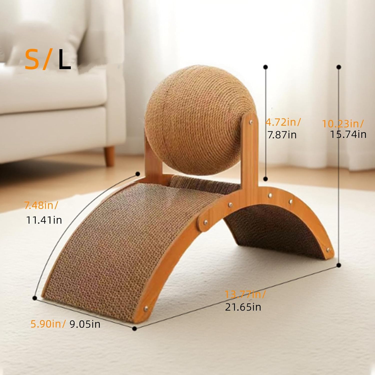 Cat Scratching Ball on Stand, Cat Scratcher, Arch Bridge and Ball Cat Scratcher, Solid Wood Slanted Cat Scratching Board Design, 2-in-1 Interactive Cat Scratcher Toy with Arch Bridge (L)