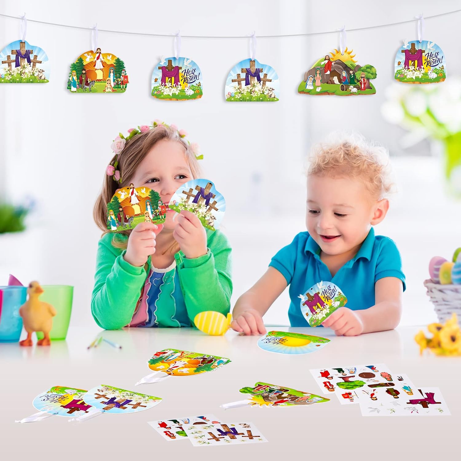 128Pcs Easter He Lives Stickers Scenes, Easter Crafts Cards Stickers for Kids, He is Risen Cards and Stickers, Religious Jesus Stickers Sunday School Crafts Hanging Ornaments Decorations