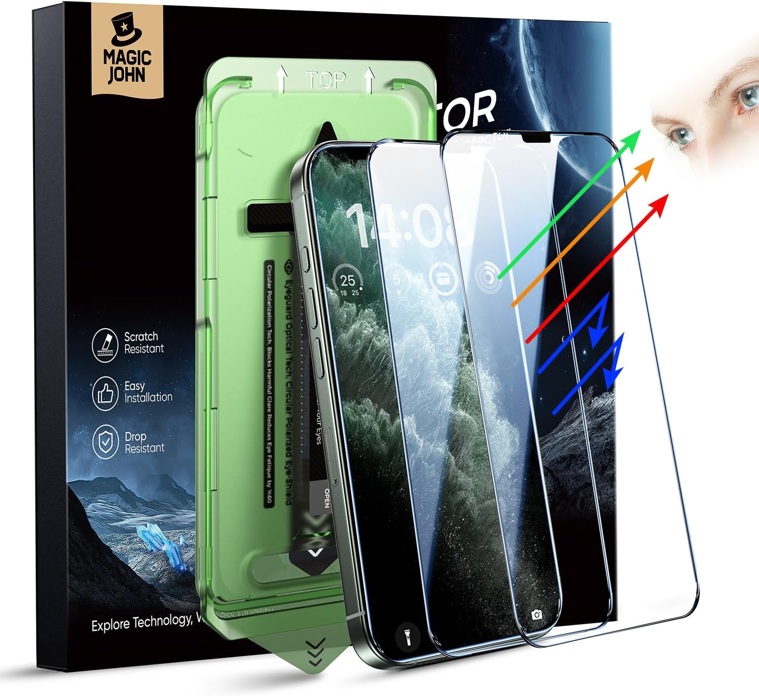 MAGIC JOHN 2PACK for iPhone X/XS/11Pro (5.8") Eye Protection Screen Protector, Blue Light Filter, HD Clear, Auto Dust-Elimination, 9H Tempered Glass & Scratch Resistance, Full Edge Coverage
