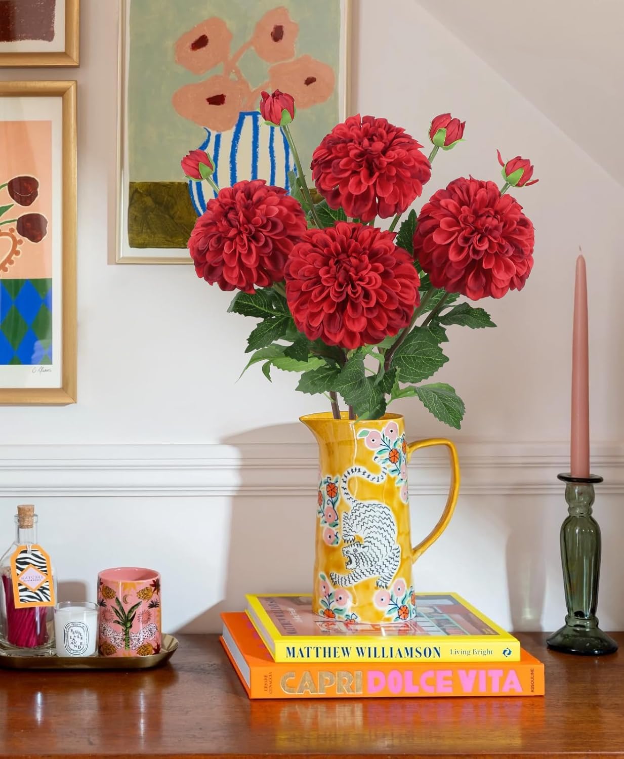 IPOPU 4pcs Artificial Dahlia Flowers Realistic Silk Dahlia Flowers 29" Long Stem Faux Flowers with Buds for Tall Vase DIY Bouquet Home Wedding Decor (Red) - Image 7