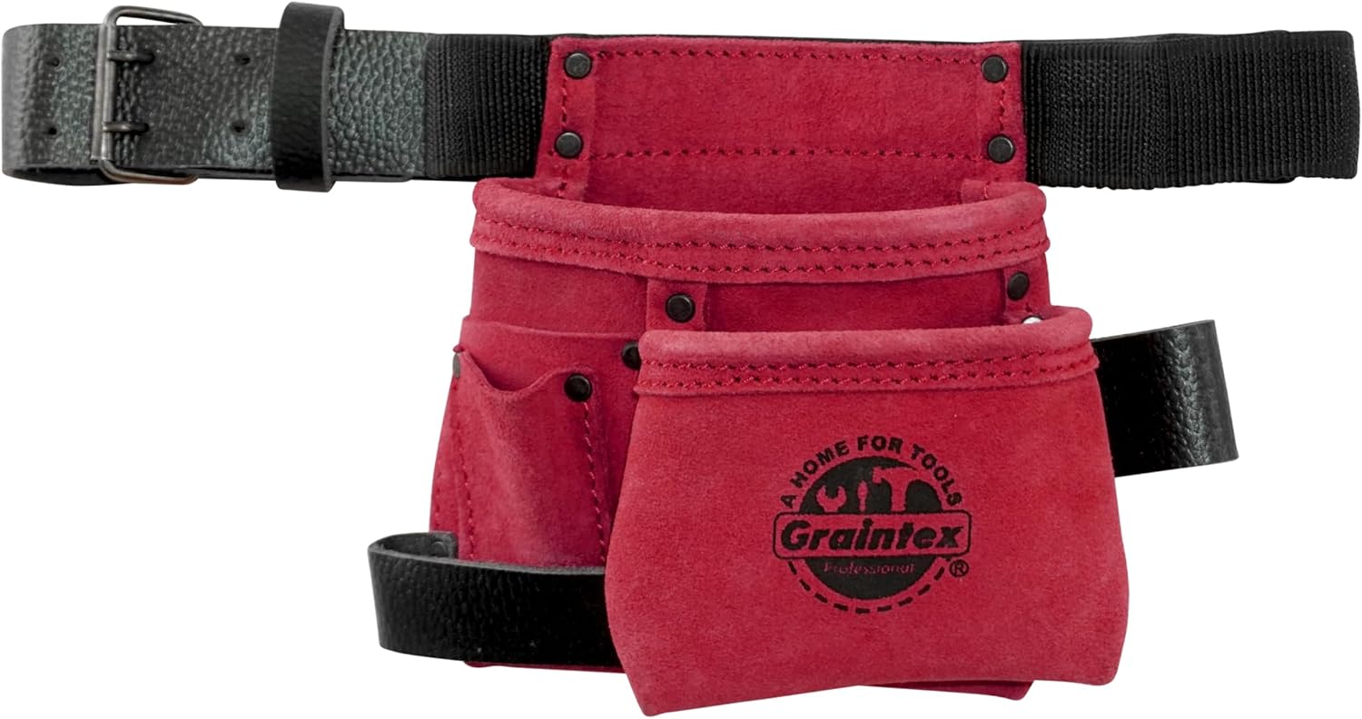 Graintex 4 Pocket Children Tool Pouch Suede Leather with Leather Belt and Hammer Loop