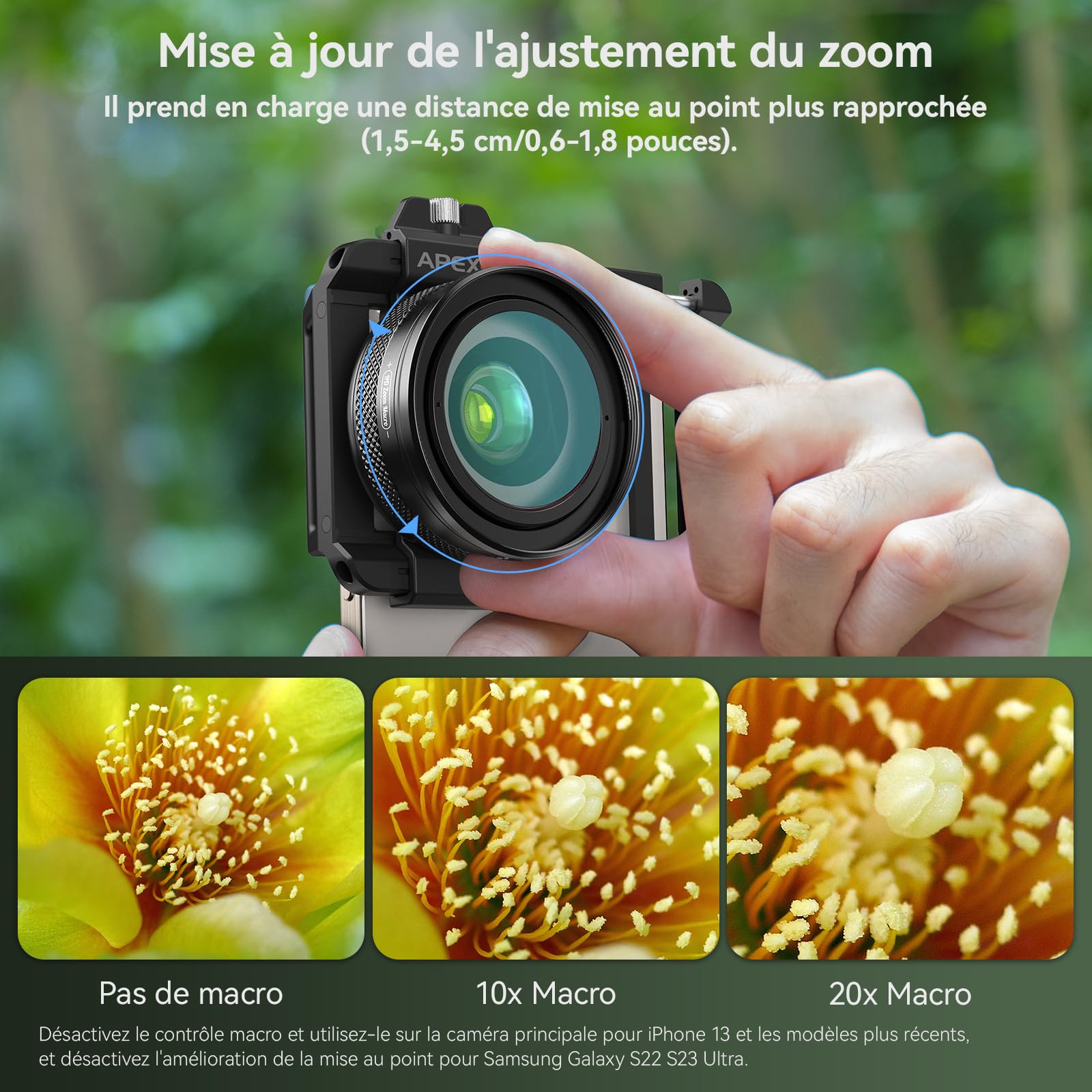 Objectif Macro APEXEL 10-20X pour iPhone et téléphones Android Kit d'objectif Photo HD avec Pince Universelle et lumière d'appoint Capturez des Gros Plans de Natures mortes, Insectes, Plantes, Bijoux
