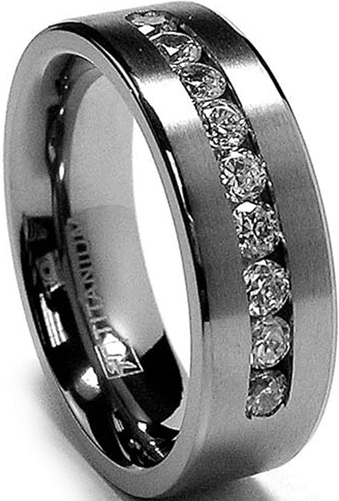 8 MM Men's Titanium ring wedding band with 9 large Channel Set Cubic