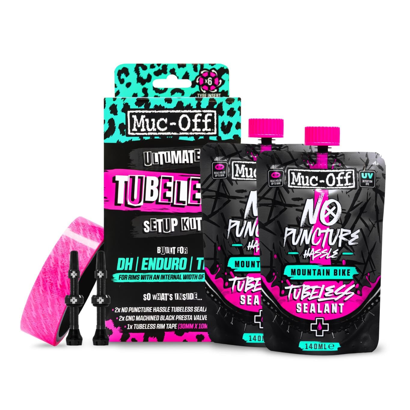 Muc-Off Ultimate Tubeless Setup Kit, DH/Trail/Enduro - Tubeless Conversion Kit for Bikes - Includes Tubeless Tire Sealant and Tubeless Valve Stems