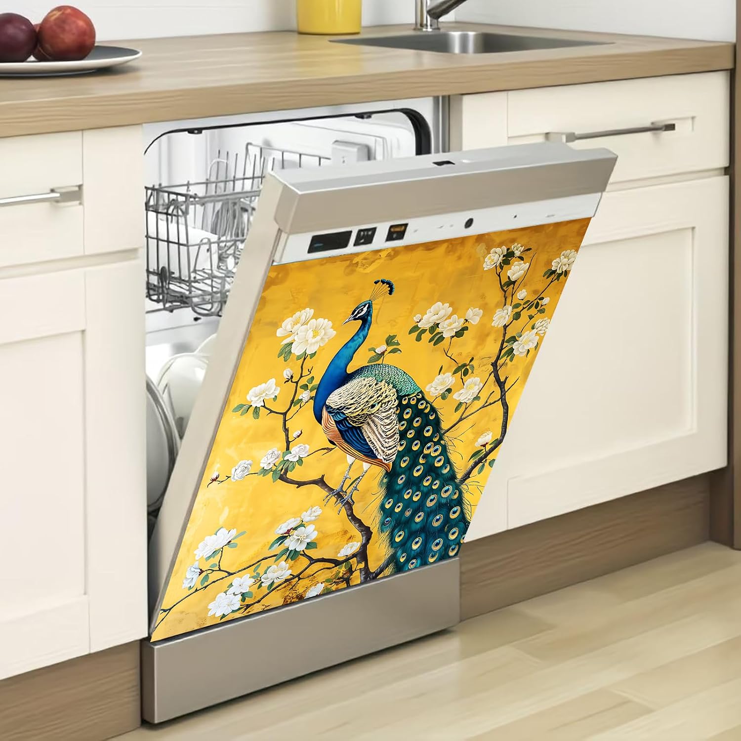 Exquisite Peacock and Floral Design Dishwasher Cover Magnet, 23 x 25.5 Inch, Waterproof PVC, Removable Easy-to-Clean Dishwasher Door Cover for Elegant Kitchen Decor image 2