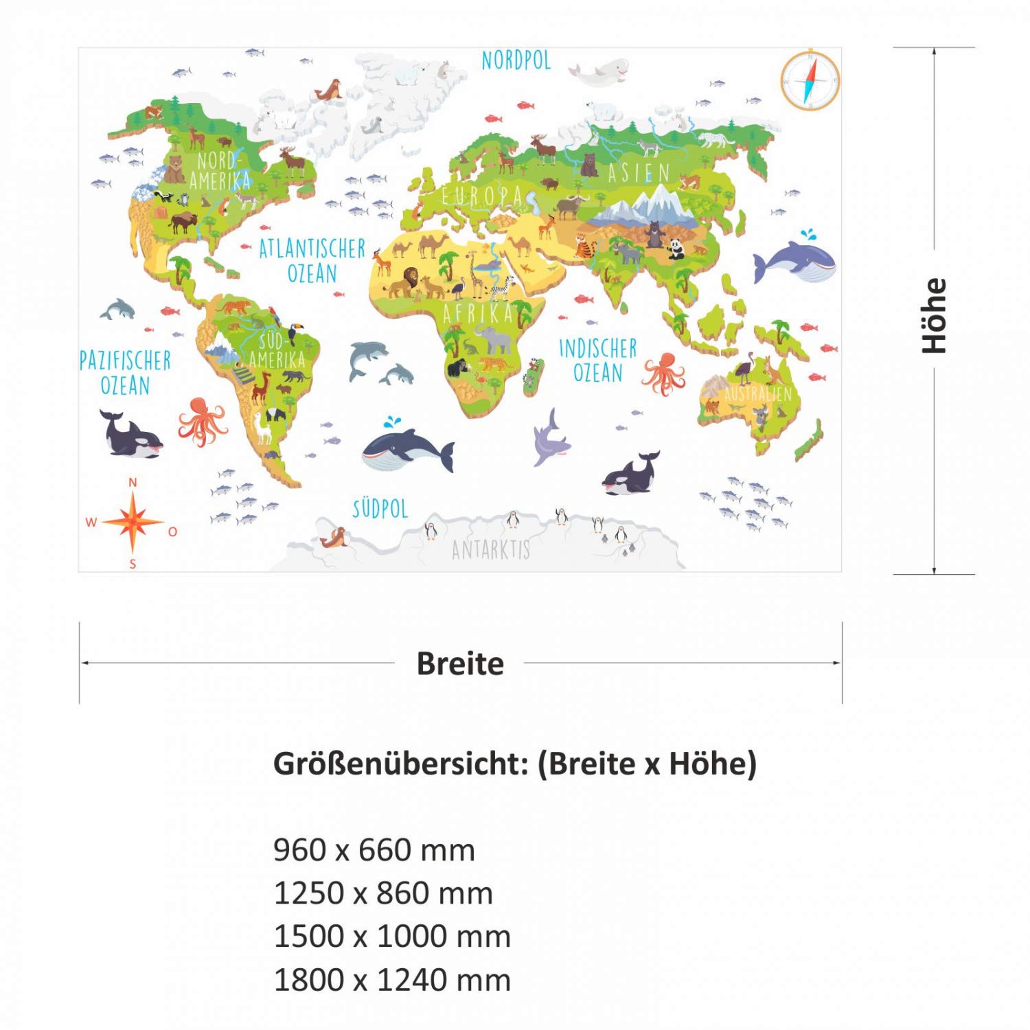 174 Wandtattoo Weltkarte mit Tieren 3D - Kinderzimmer Wanddeko Größe 1250 x 860 mm