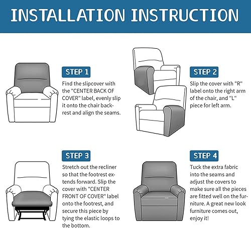 Miniatura 8 de Eco-Ancheng Fundas reclinables Lazyboy de 4 piezas, fundas para sofá reclinable, fundas antideslizantes para sillas reclinables, con bolsillos de