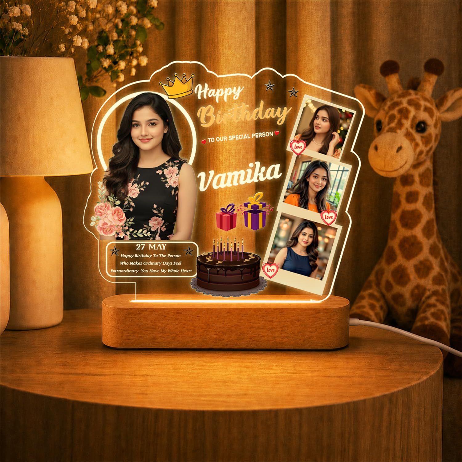 Happy Birthday LED Night Lamp with Wooden Base | Personalized Engraved Photo Lamp | Birthday Gift for Bestie, Girlfriend, Sister & Friends | Tabletop Decor-image-32