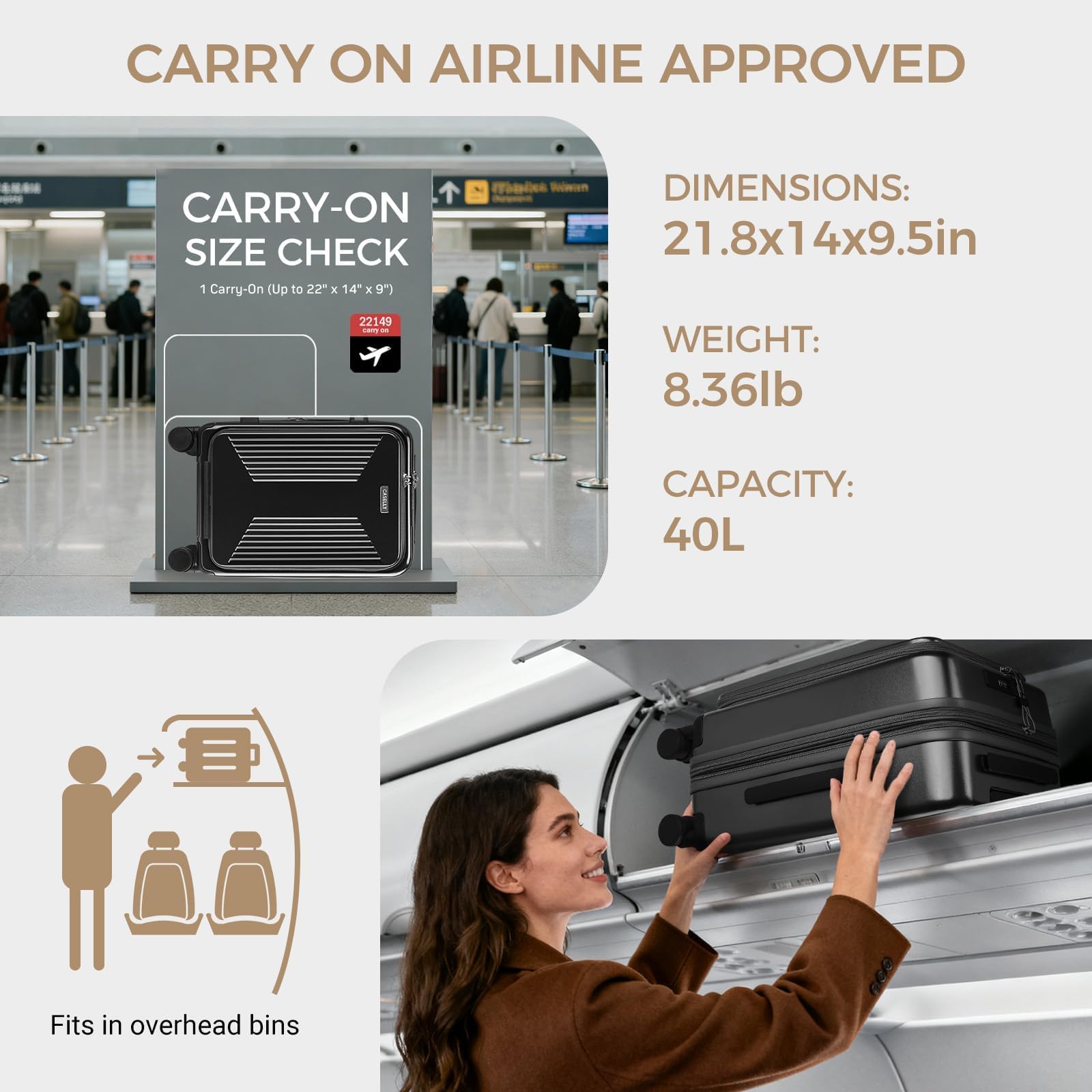 Equipaje de mano con ruedas giratorias y cerradura TSA integrada, maleta rígida de carga superior expandible, maleta de gran capacidad, equipaje rodante duradero con puerto USB BH013, Negro