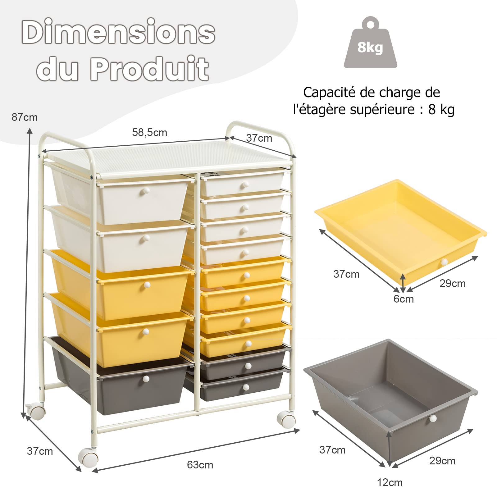 GOPLUS Chariot de Rangement 15 Tiroirs, Tiroir Détachable, Tour de Rangement à 4 Roulettes, 2 avec Frein, pour Chambre, Bureau, 63 x 37 x 87 CM, Jaune