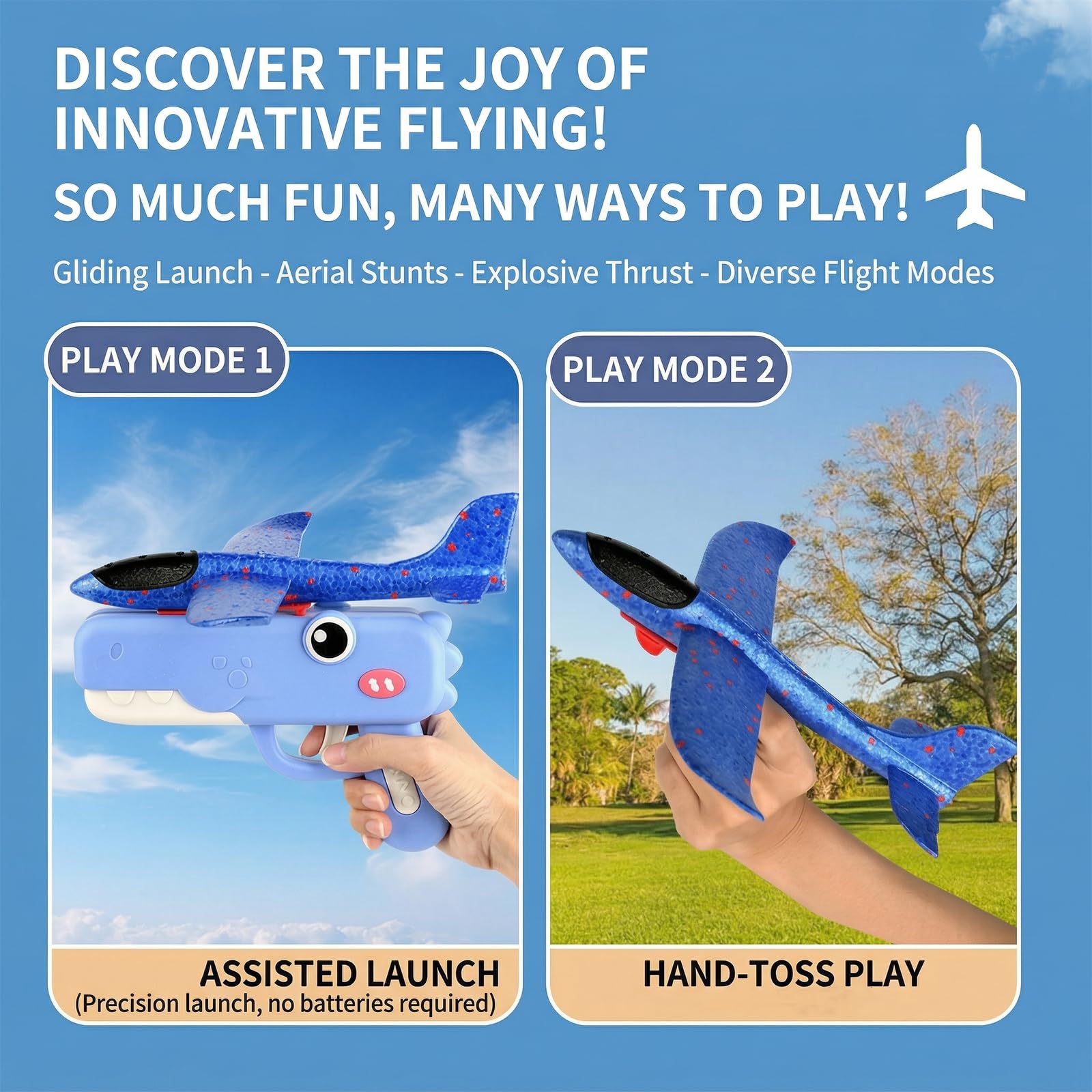 Dinosaur Airplane Launcher Toy, Foam Airplane Launcher with 8 Inch Foam Glider, Fun Plane Toy, Long Distance 33-59ft, Birthday Gift (Blue) — view 2
