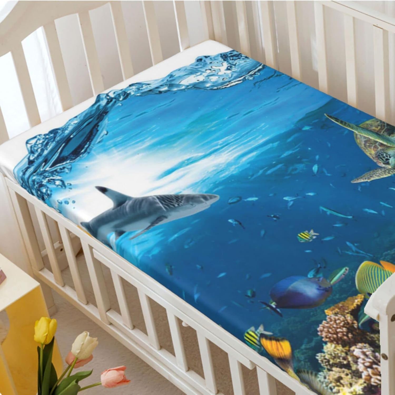 Sea Turtle Themed Fitted Crib Sheet,Standard Crib Mattress Fitted Sheet Ultra Soft Material-Crib Mattress Sheet or Toddler Bed Sheet,28“ x52“,Multicolor