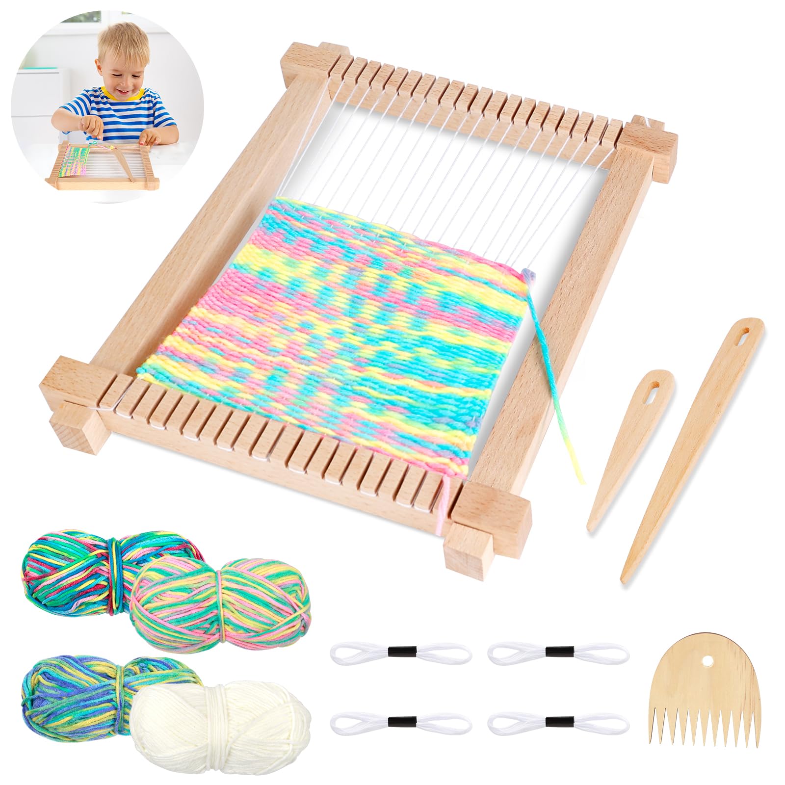 Telar de Madera niños, 28*24cm Telar de Madera para Tejer Con Lanzaderas/Peine/4 Carretes de Hilo de Lana, Kit de Marco de Madera para Tejer para Hacer Alfombras, Posavasos, Adornos de Pared, Bufandas