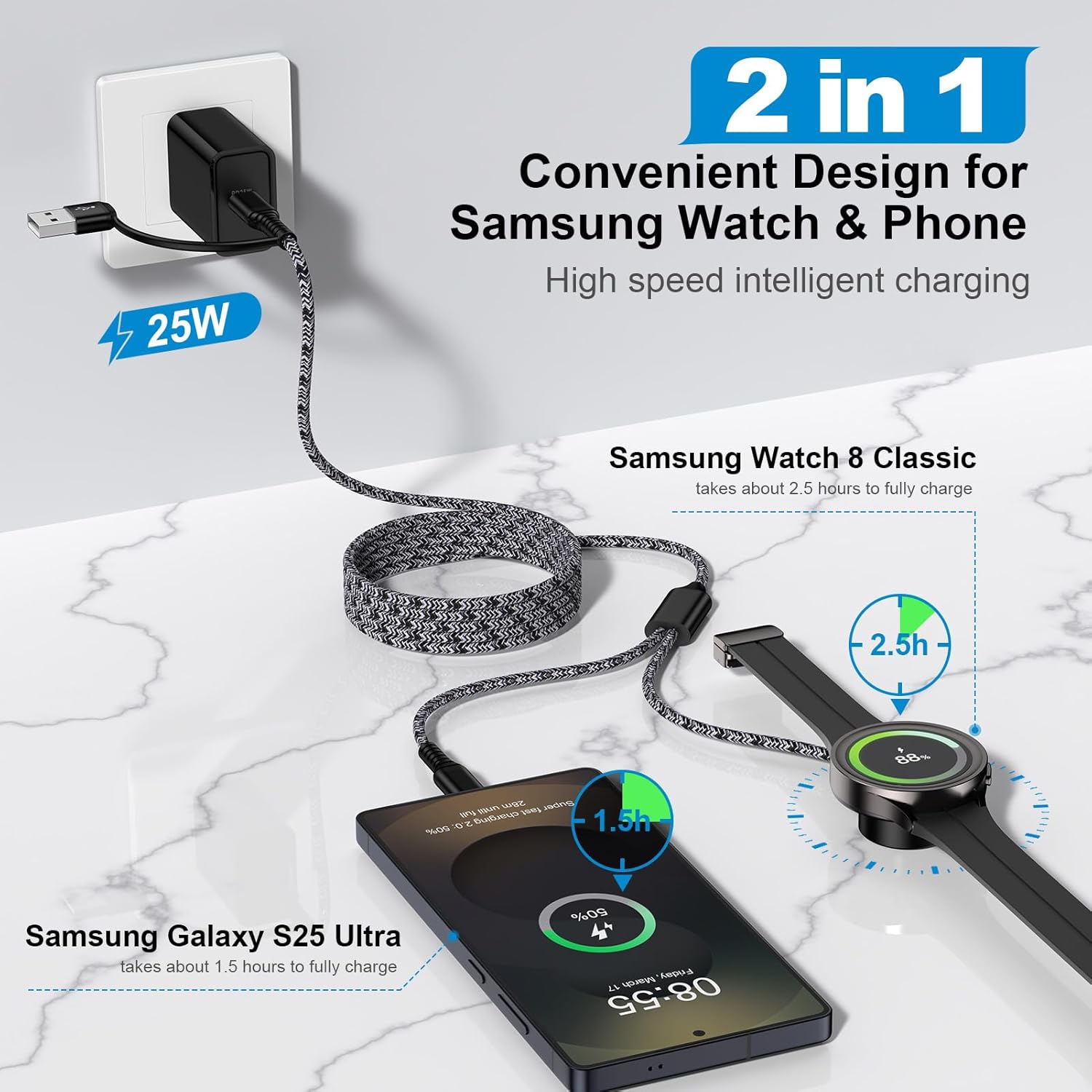 Galaxy Watch Fast Charger for Samsung Galaxy Watch 8/8 Classic/Ultra/7/FE/6/6 Classic/5 Pro/5/4/4 Classic/3/Active2/1 Charger Cable Dock, 2 in 1 25W USB C Fast Charger for Samsung S25/S24//S23/S22/A16 - Image 2