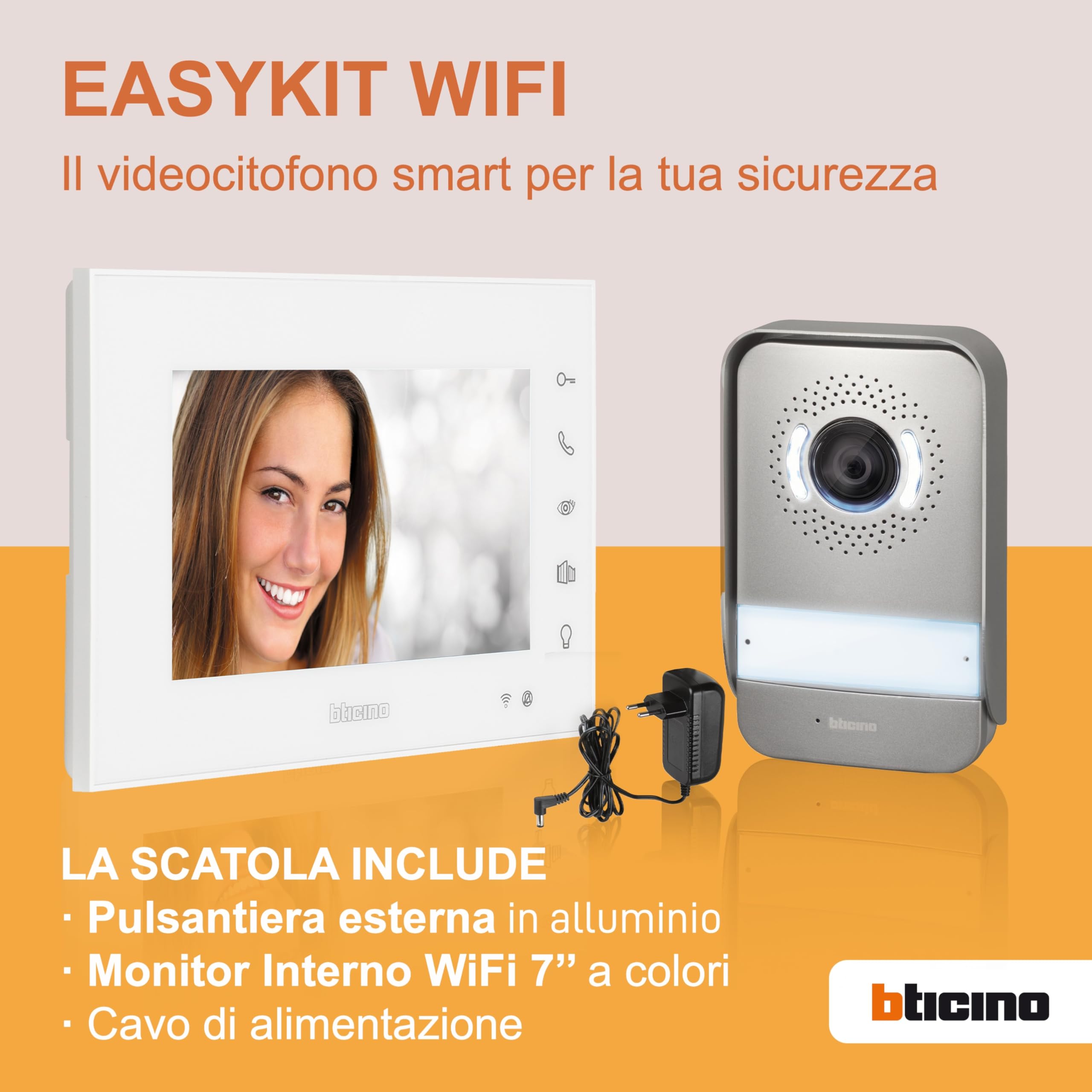 Bticino 310913 EASYKIT WIFI VIDEOCITOFONO MONOFAMILIARE Plug-In 2 Fili con 1 Pulsantiera Esterna, Campanello, Telecamera, 1 Monitor Interno 7 pollici a Colori con Vivavoce, Espandibile per Bifamiliare