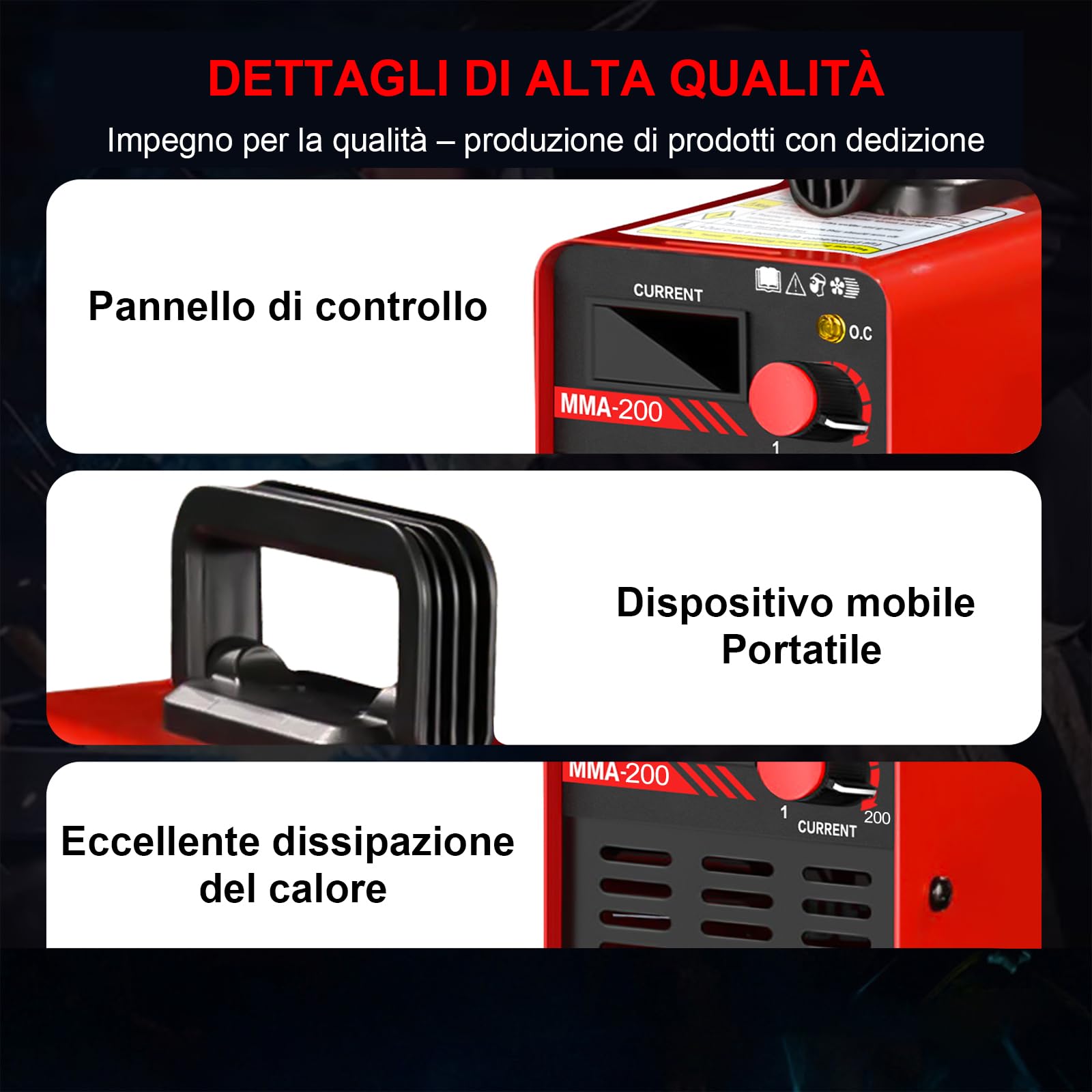 Saldatrice ad Arco Portatile MMA 200, Saldatrice Elettrodo 200A, Mini Saldatrice MMA, Saldatrice Inverter IGBT con Display LED, Antiaderente, Raffreddamento Intelligente, Protezione Surriscaldamento