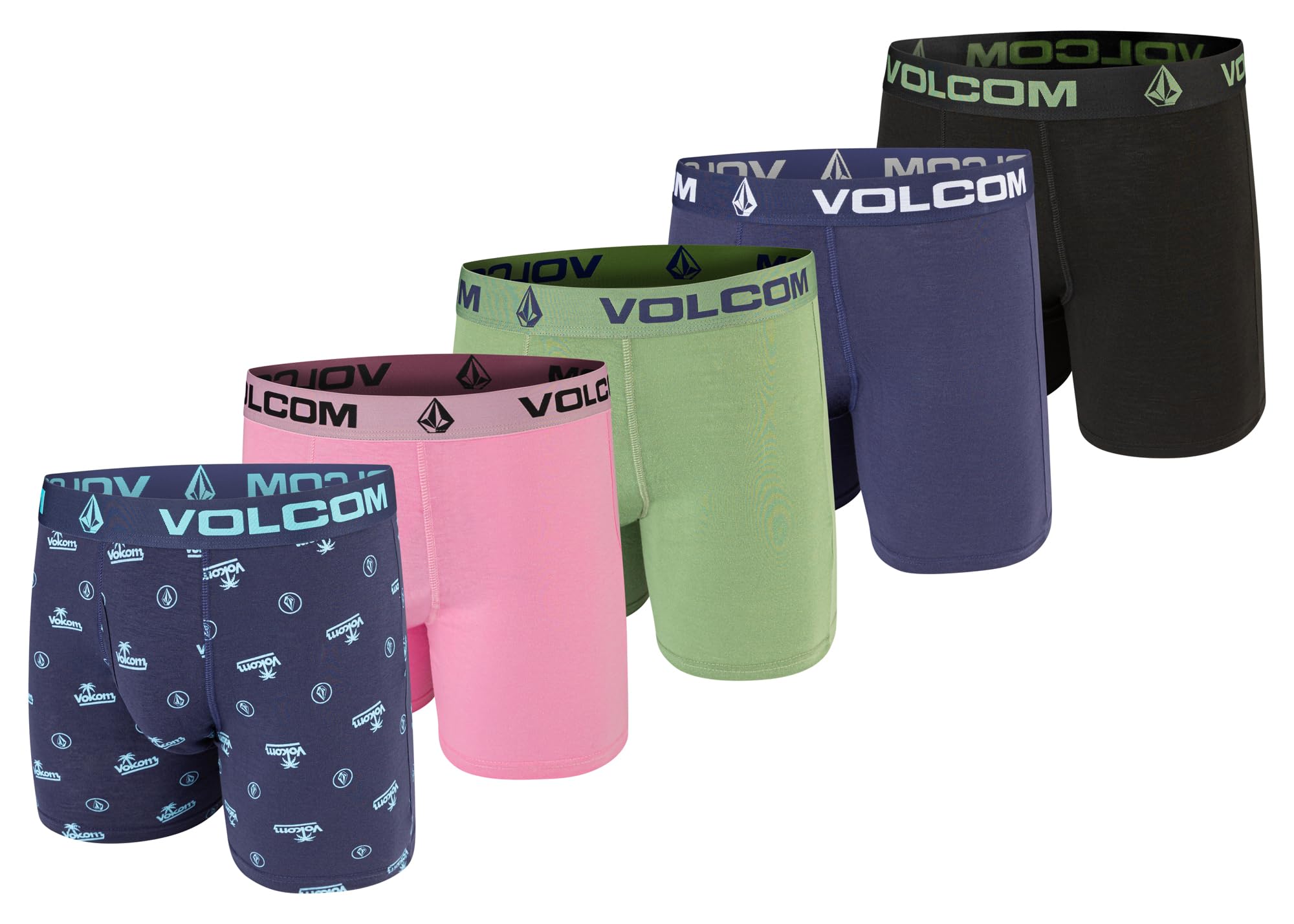 Volcom Mens Boxer Briefs 5-Pack - Cotton Stretch Ultra Soft Fly-Front Boxer Brief Underwear, Navy/Pink/Green/Navy/Black, M