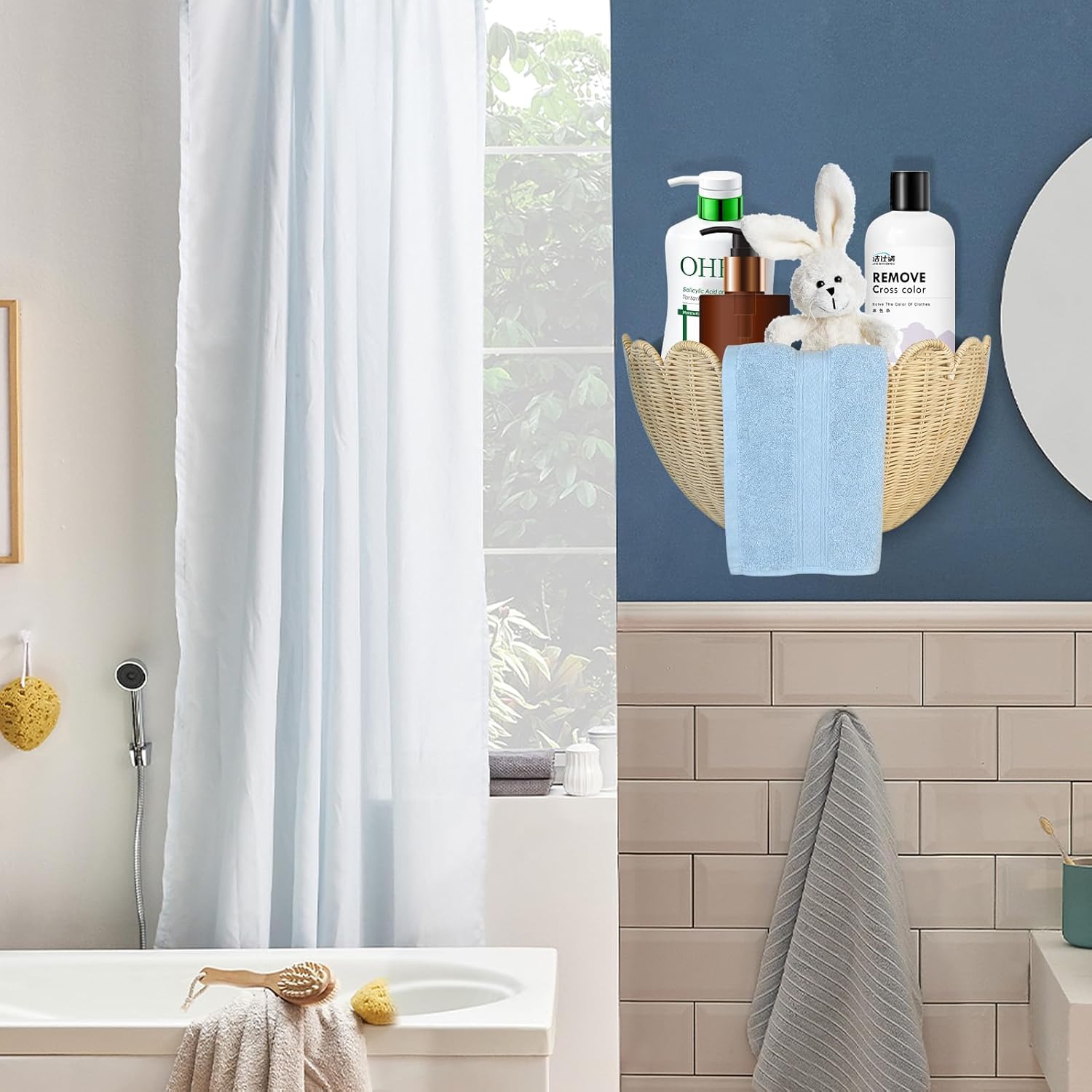 Scalloped Wall Basket, 2pcs Hand Woven Hanging Wicker Wall Baskets Set, Scalloped Rattan Wall Storage & Decor for Home, Bathroom, Kitchen, Living Room (16 x 12 x 7 & 14 x 8 x 6 Inch)