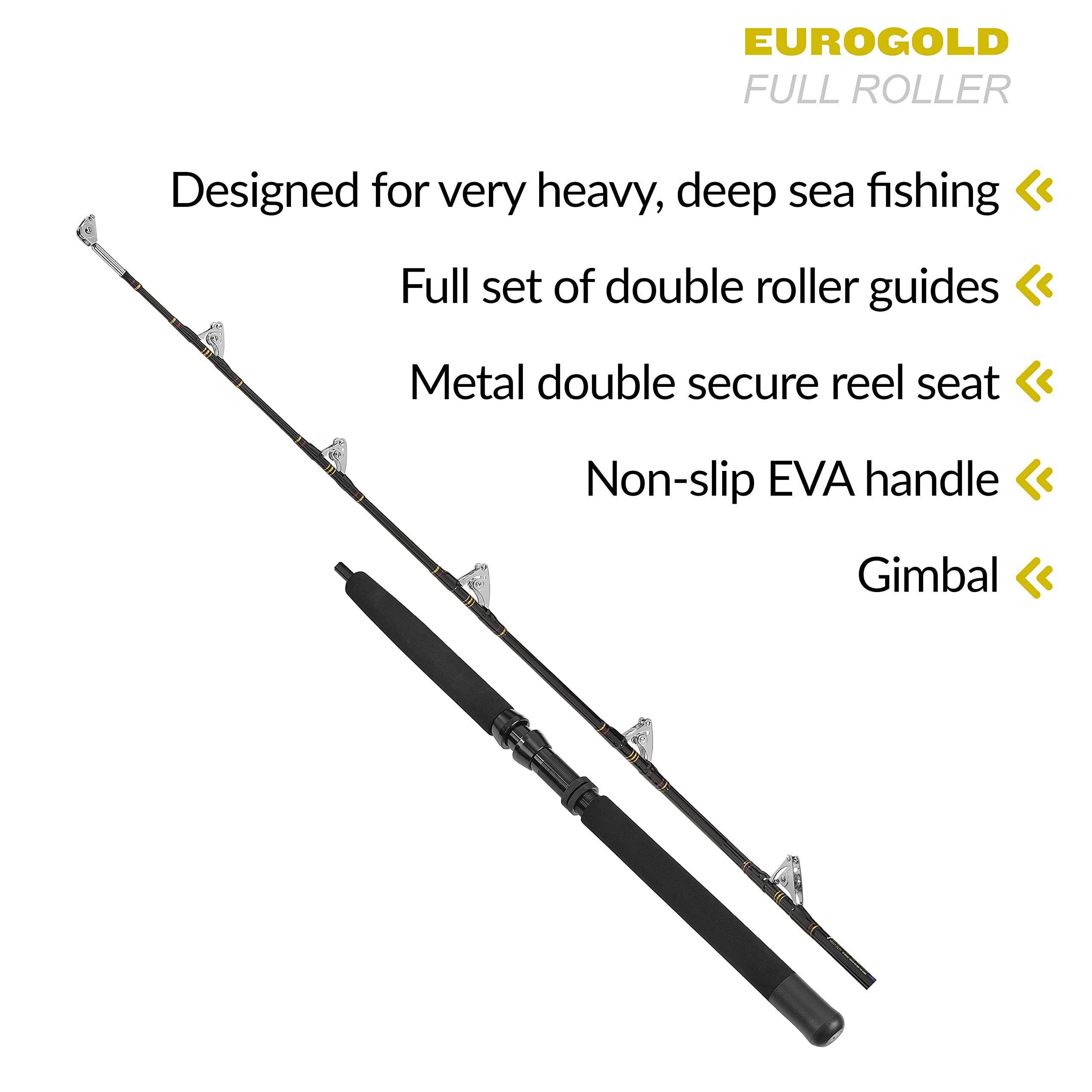 Fladen Canna da pesca Euro Gold da 1,85 m, per pesca a traina offshore Deep Sea (2 sezioni vuote), canna da barca nero/oro, tre pesi 13,6-22,7 kg, 22,7-36,3 kg, 36,3-59 kg