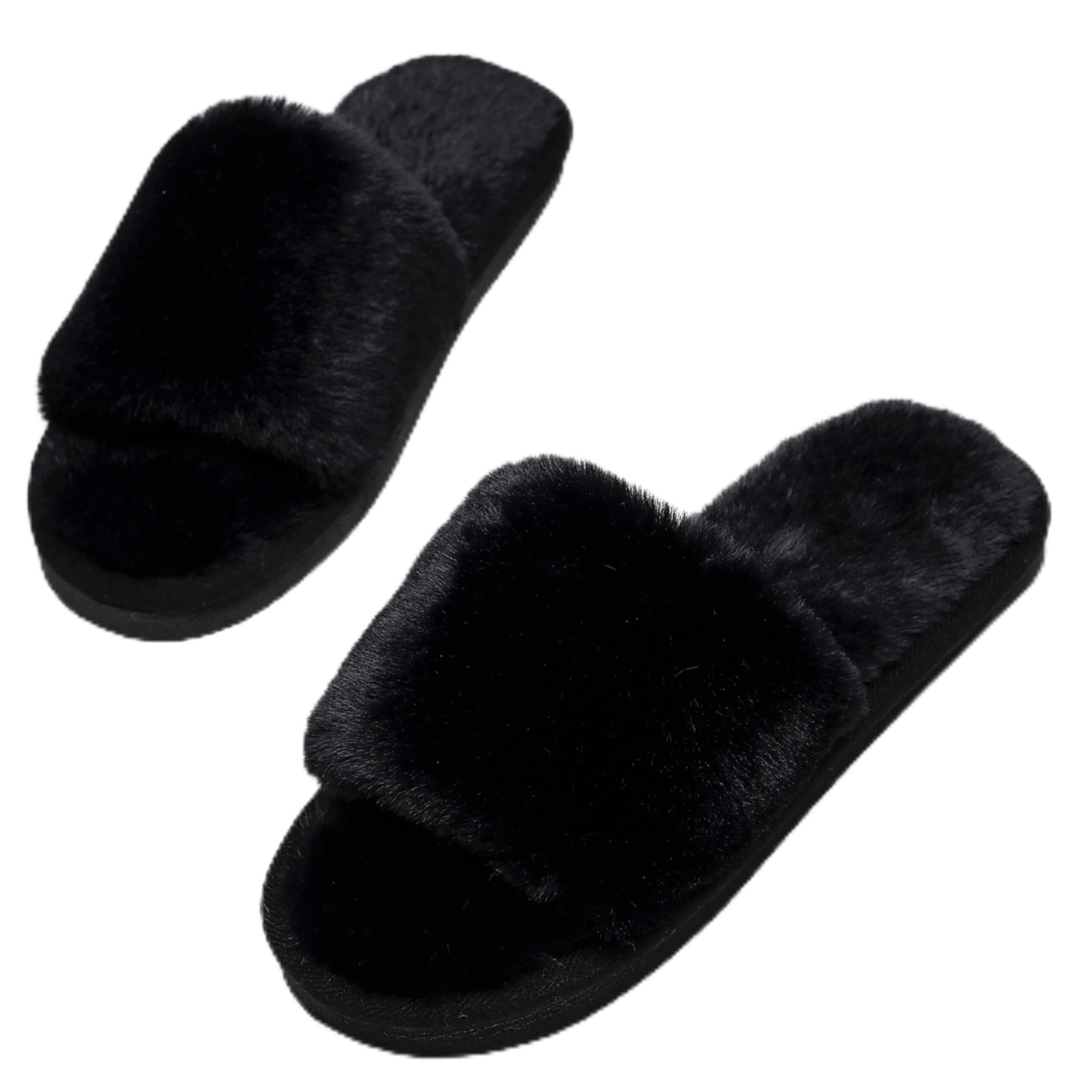 Women's Fuzzy Fluffy House Slippers Cozy Cute Open Toe Memory Foam Indoor Outdoor Anti-slip Sandals