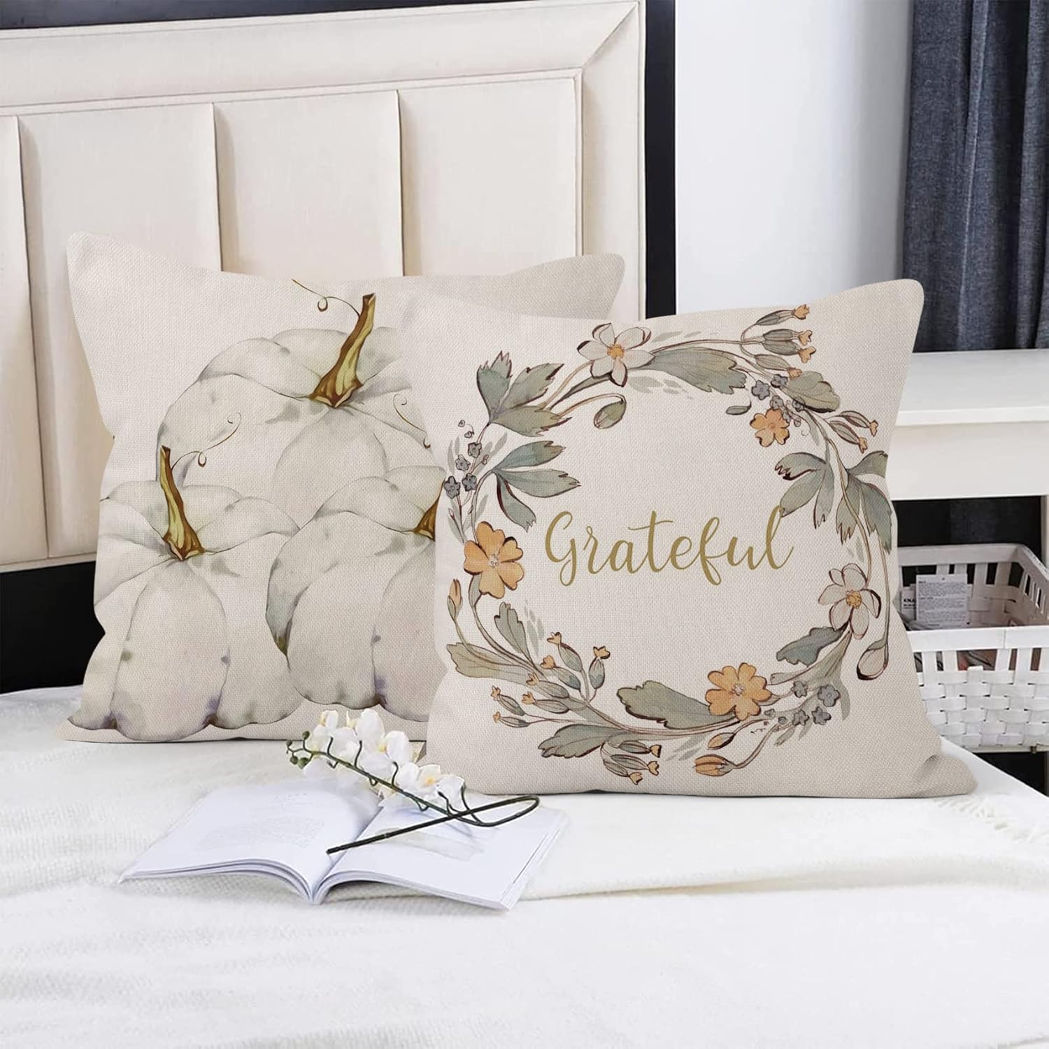 Yeele 20x20inches Autumn Decorations Pumpkin Pillow Cover Set of 4 Fall Decor Grateful Thanksgiving Throw Pillow Covers Farmhouse Cotton Linen Square Cushion Case for Sofa Couch Bed Outdoor Home Decor