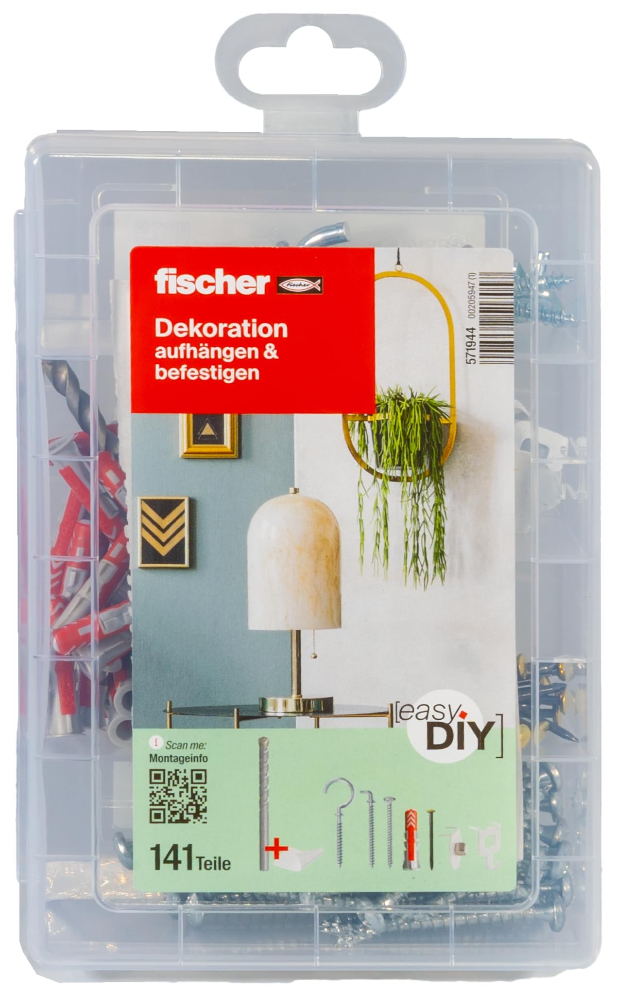 fischer EasyDIY - Caja decorativa con ganchos, tornillos, tacos y más, ideal para los entusiastas del bricolaje para fijar ideas creativas de decoración, juego preclasificado en caja de plástico, 141