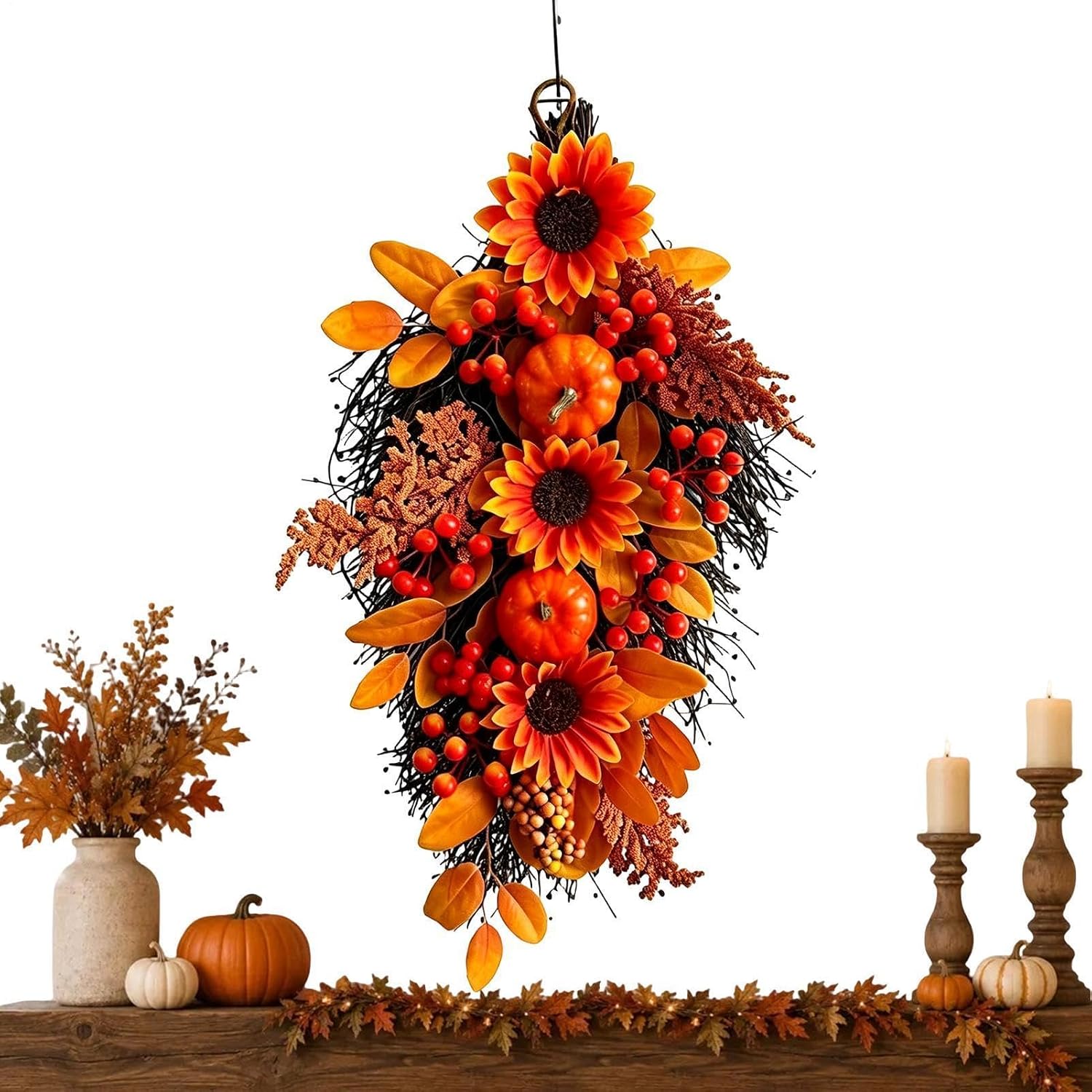 Teardrop Swag - Artificial Sunflower, Pumpkin Berries, Thanksgiving Wall