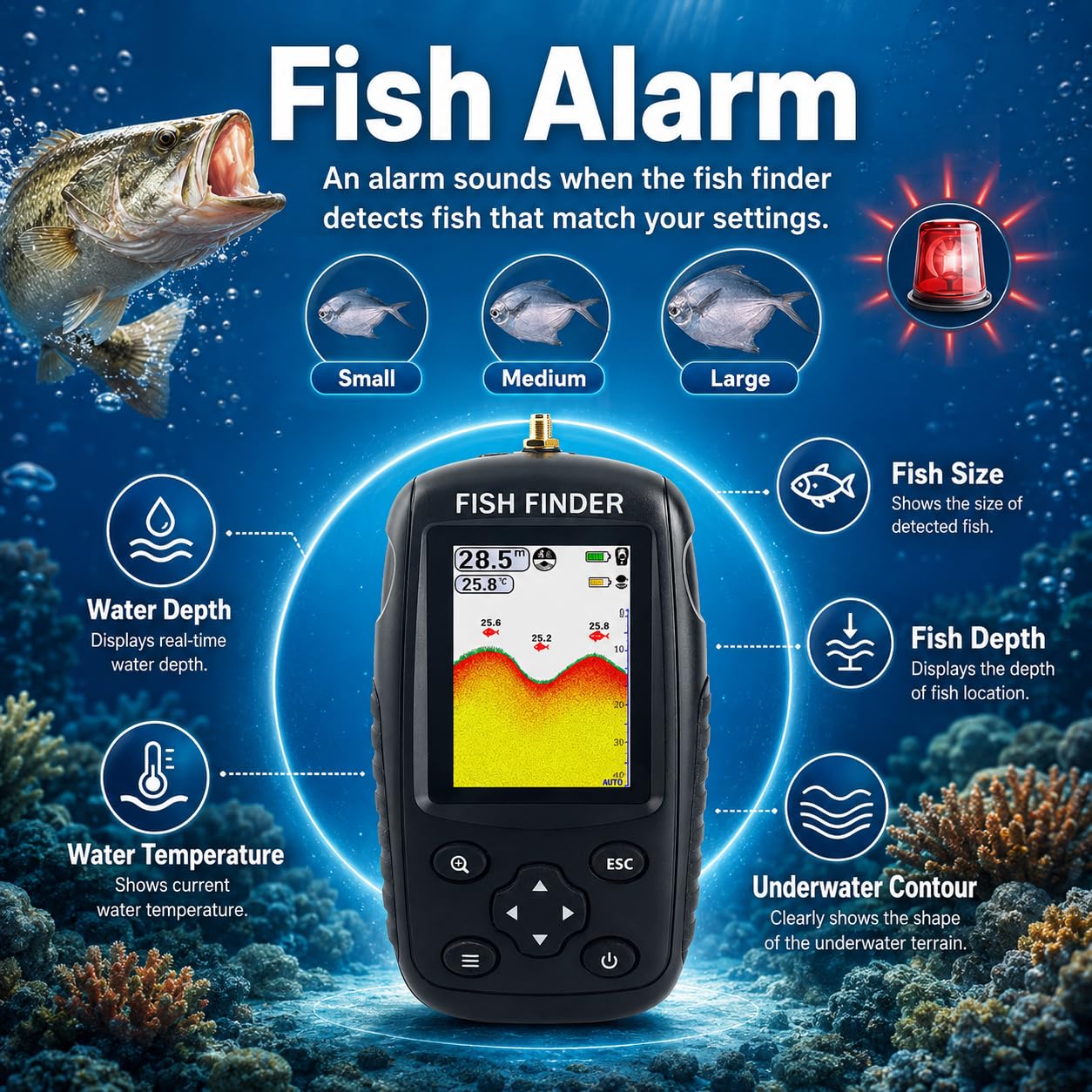 Localizador de Peces portátil de Mano Sensor de Sonar inalámbrico Localizador de Profundidad para entusiastas de la Pesca