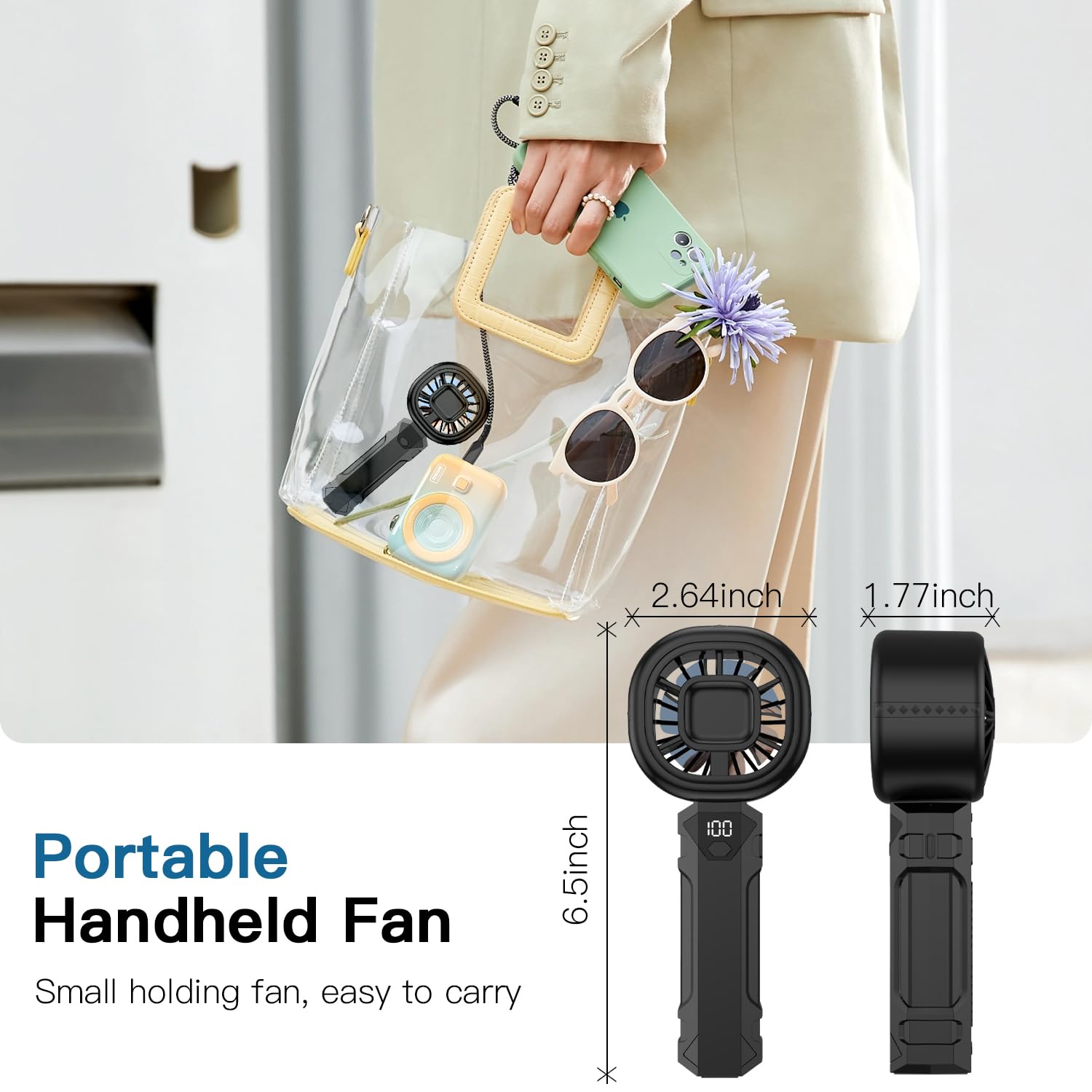 Ventilatore portatile portatile, mini ventilatore personale con display digitale, 3 velocità del vento, batteria da 3000 mAh, ricaricabile tramite USB, ventilatore portatile per trucco, casa, ufficio,