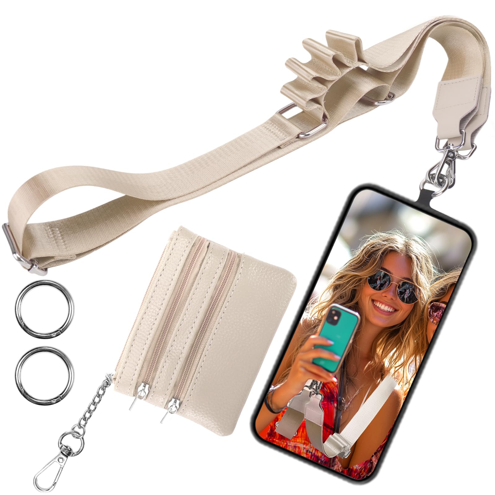 Mity Rain Save Girls Phone Strap with Wallet - Crossbody Clip and Go Strap for Phone, Adjustable Chain Lanyard with Leather Wallet (Beige)