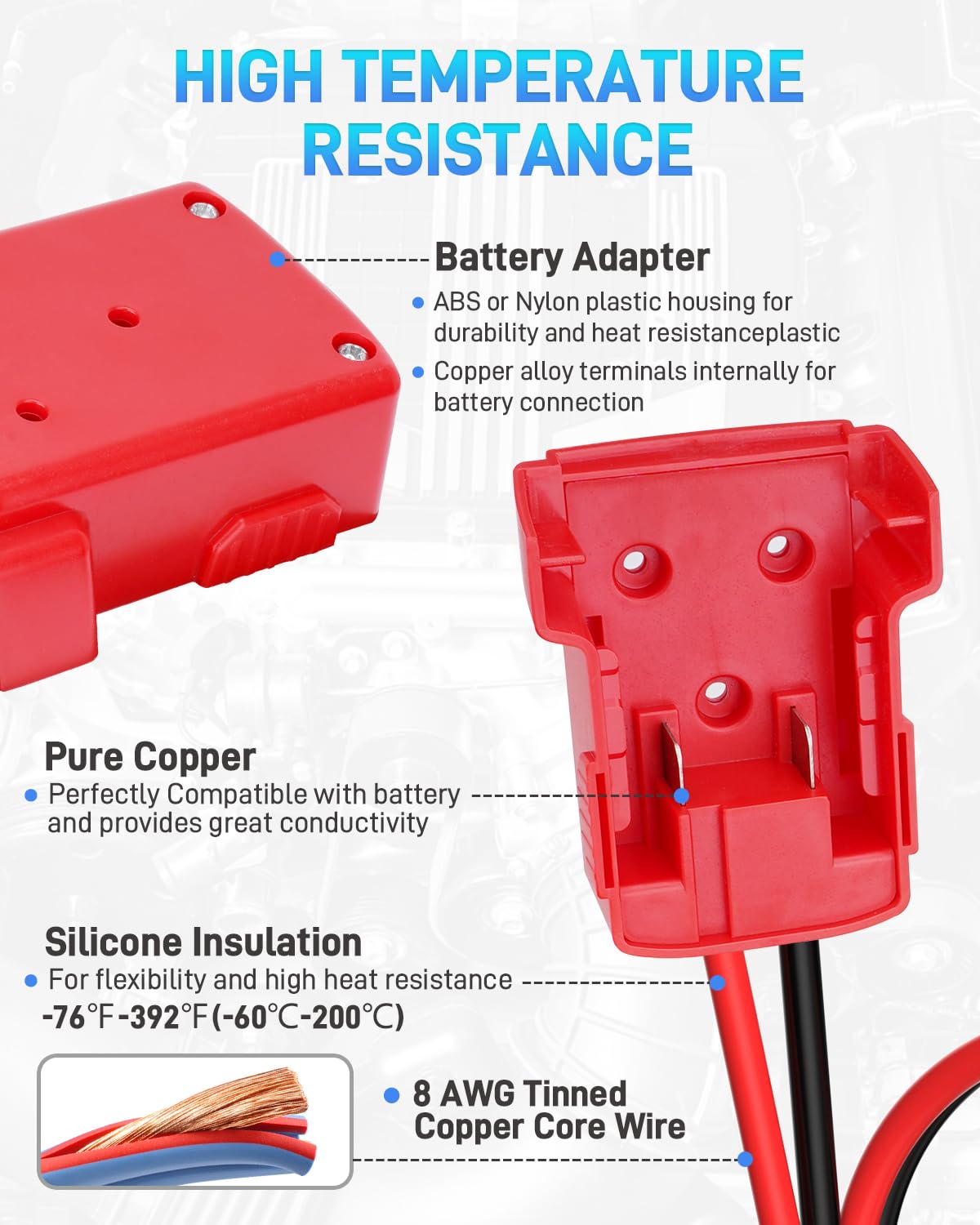Starthilfekabel-Adapter mit Krokodilklemmen, kompatibel mit Milwaukee M18 18 V Batterie, 60 cm, 8 AWG, Silikondraht, Starthilfekabel, Elektrowerkzeugleitung für Starthilfe, Auto, SUV