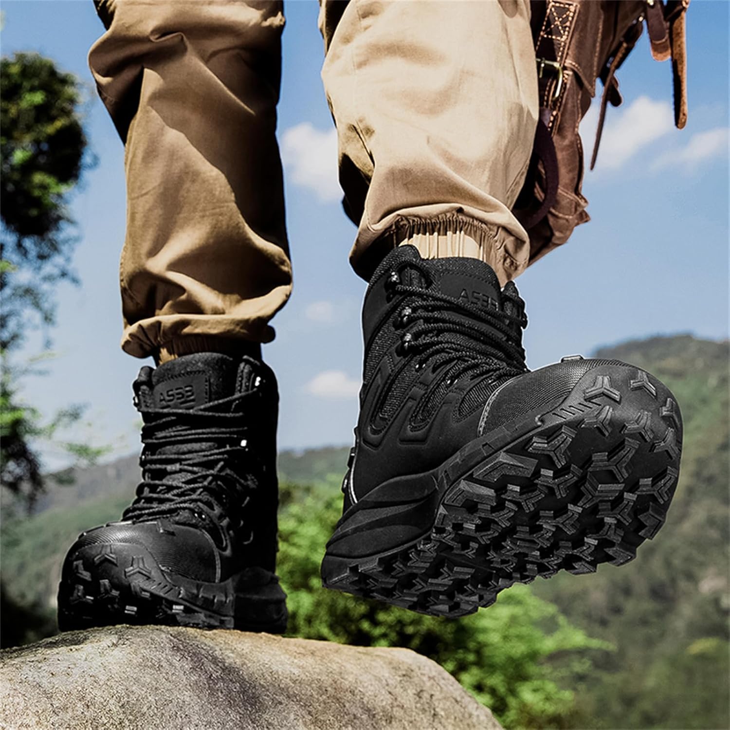Men's Leather Mesh Lace Up Mid Top Military Tactical Boots Non Slip Rubber Outsole Lightweight Rounded Toe for Outdoor Activities Including Hiking Hunting Training Work Backpacking